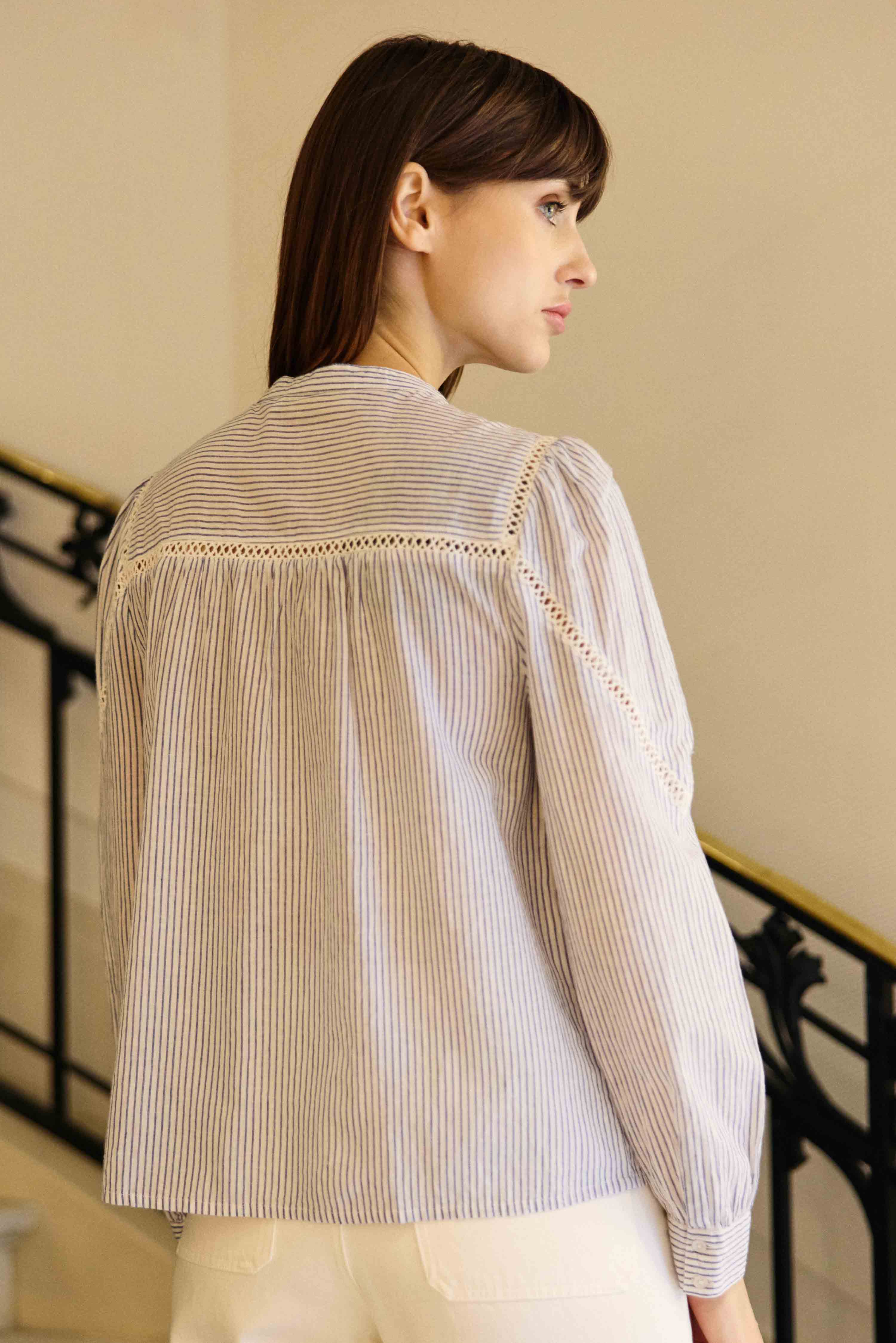 Blouse ajourée rayée bleue - Bayen