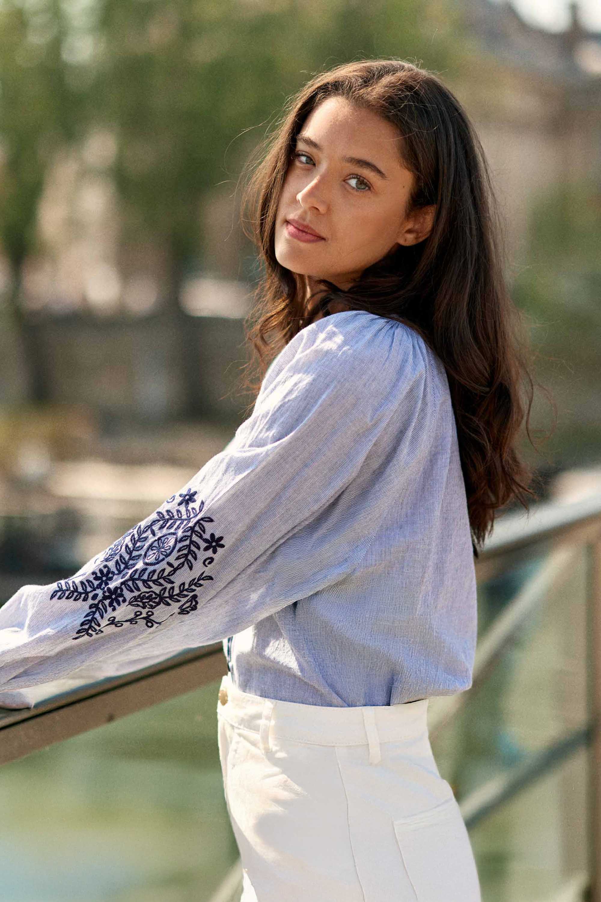 Loose-fitting blue striped woven blouse - Blena