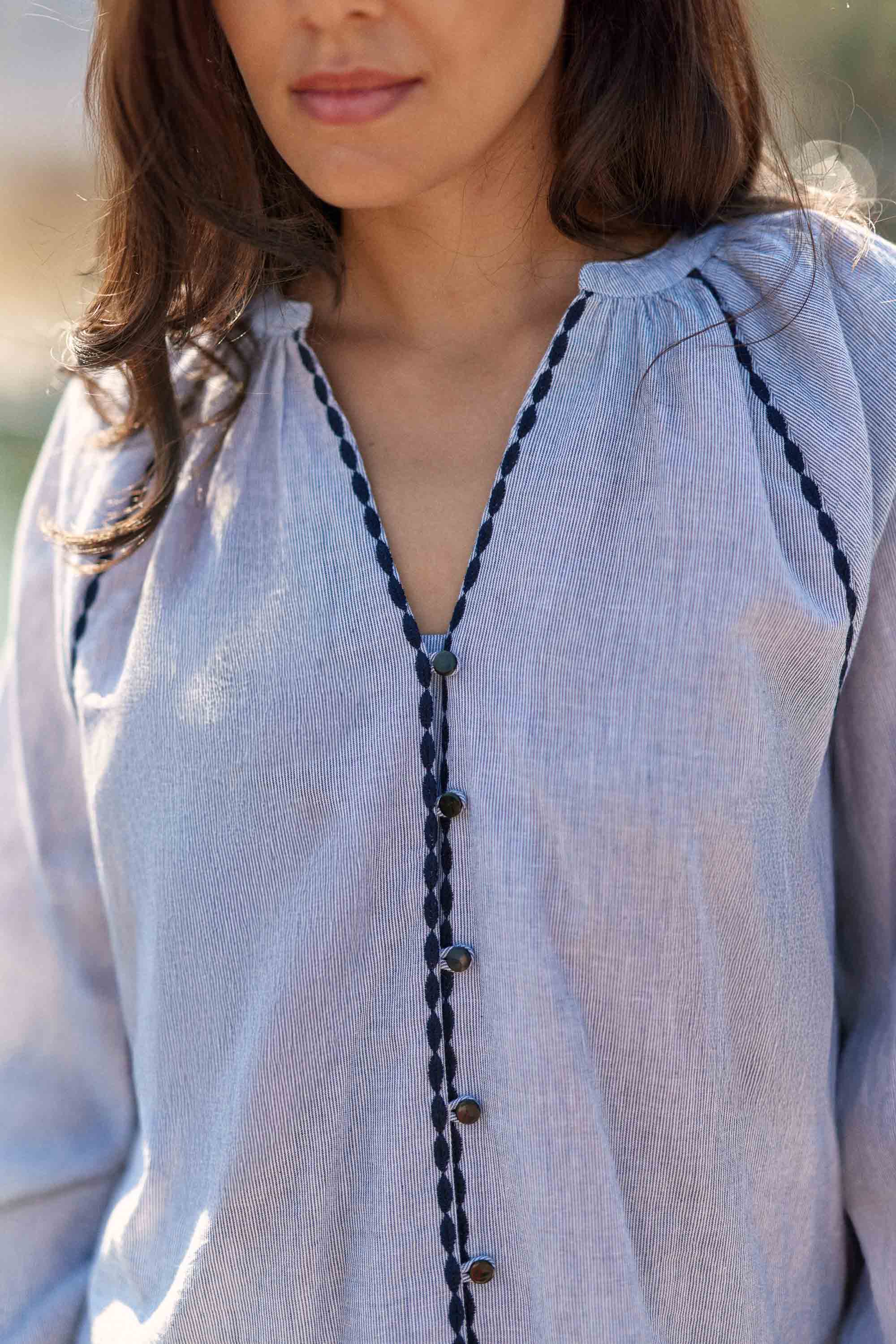 Loose-fitting blue striped woven blouse - Blena