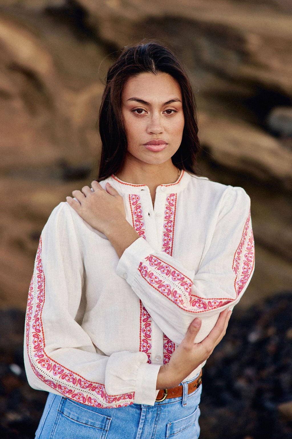 Blouse avec broderie blanc/orange - Brielle