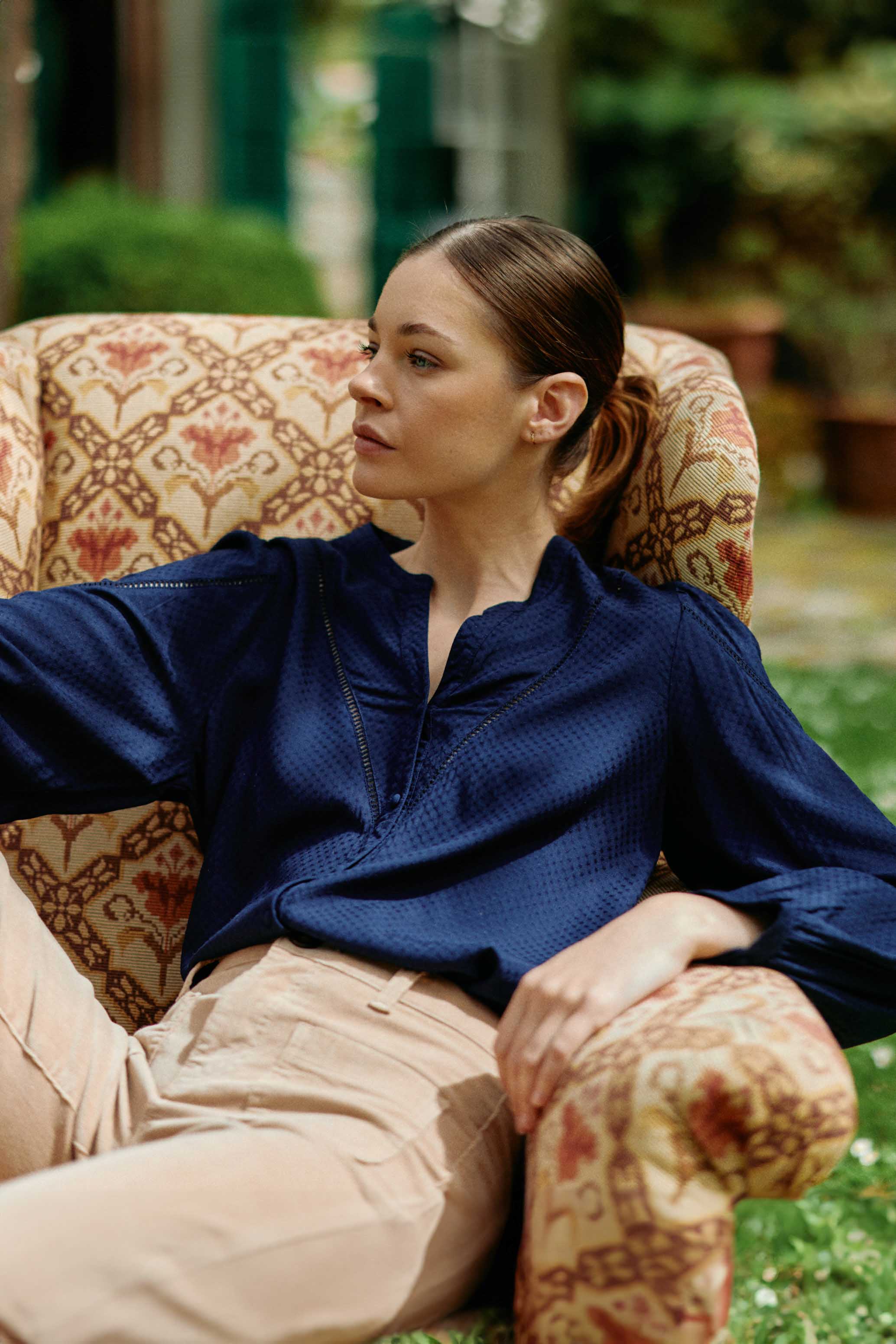 Navy V-neck blouse - Brina