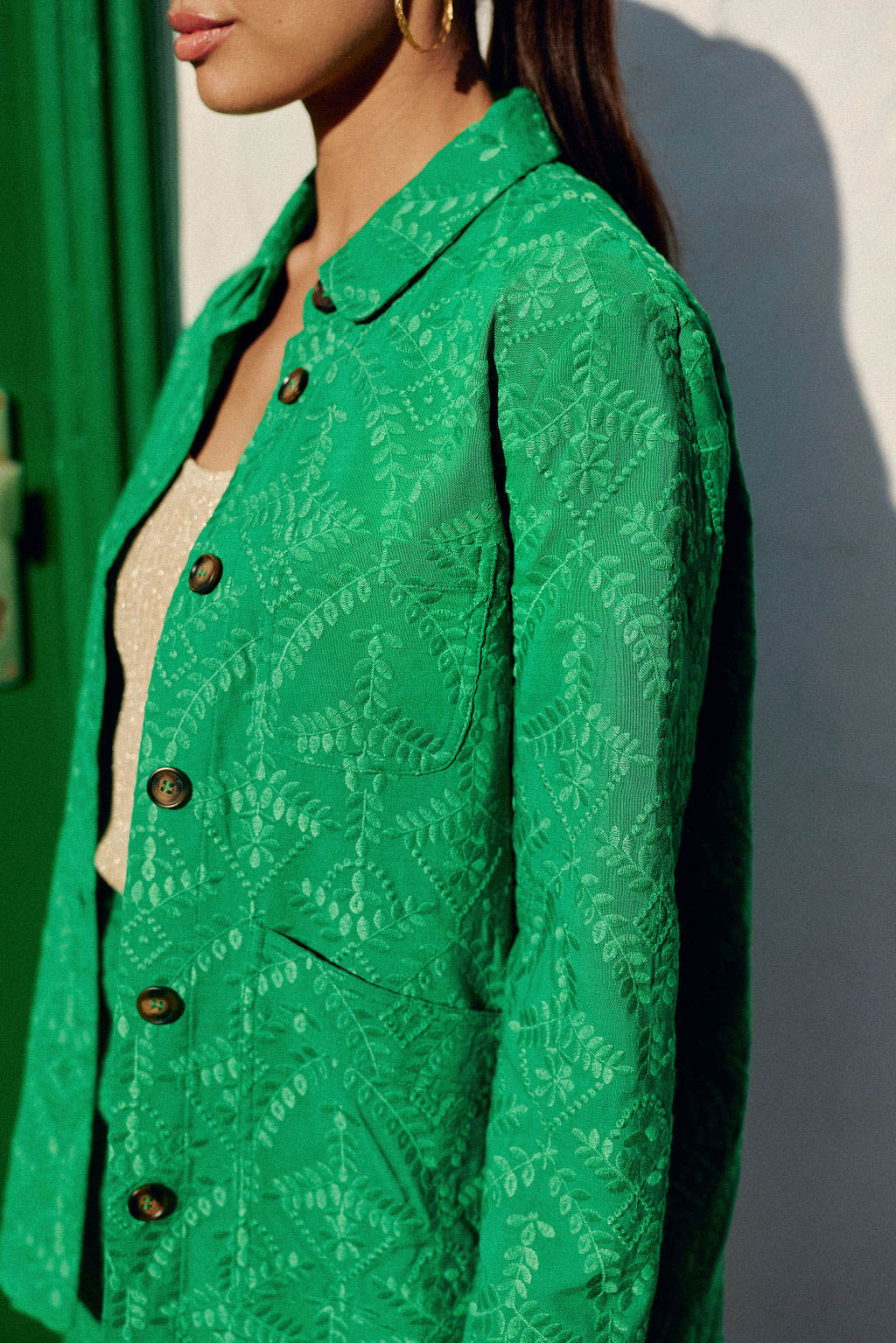 Straight jacket with green embroidered pattern - Fauline