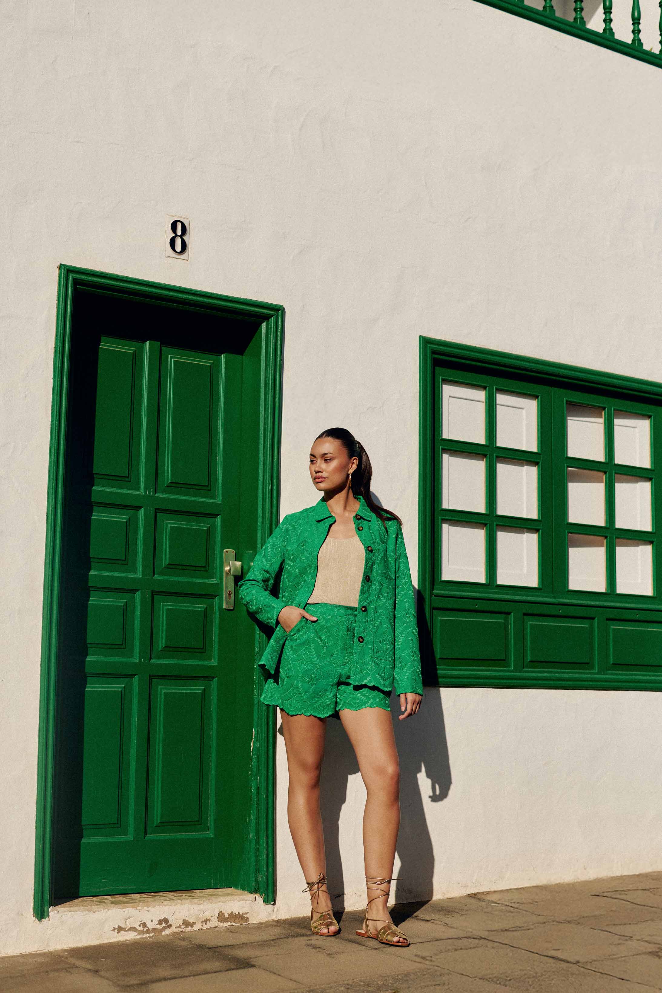 Straight jacket with green embroidered pattern - Fauline