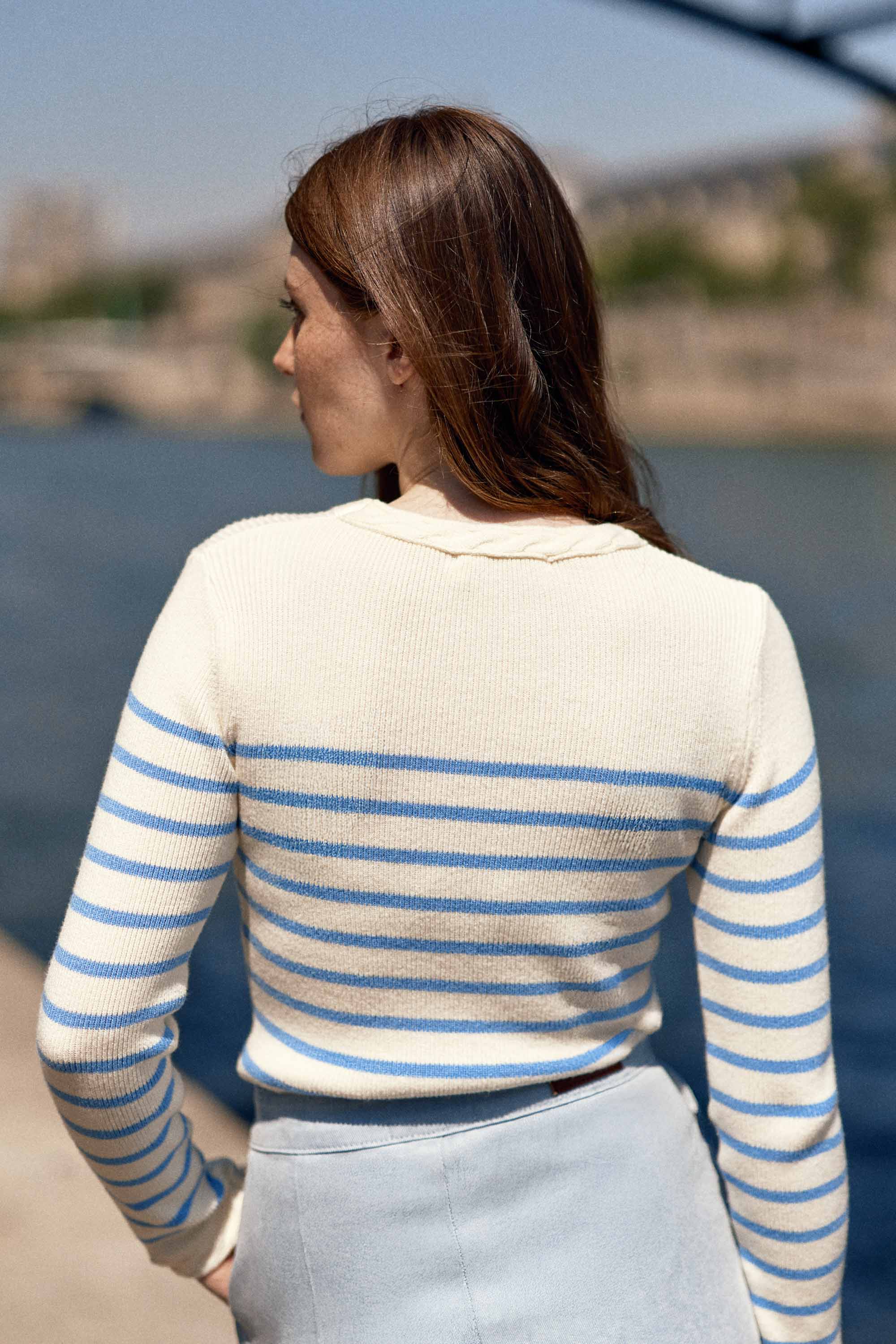 Long-sleeved ecru/sky blue striped sweater - Manel