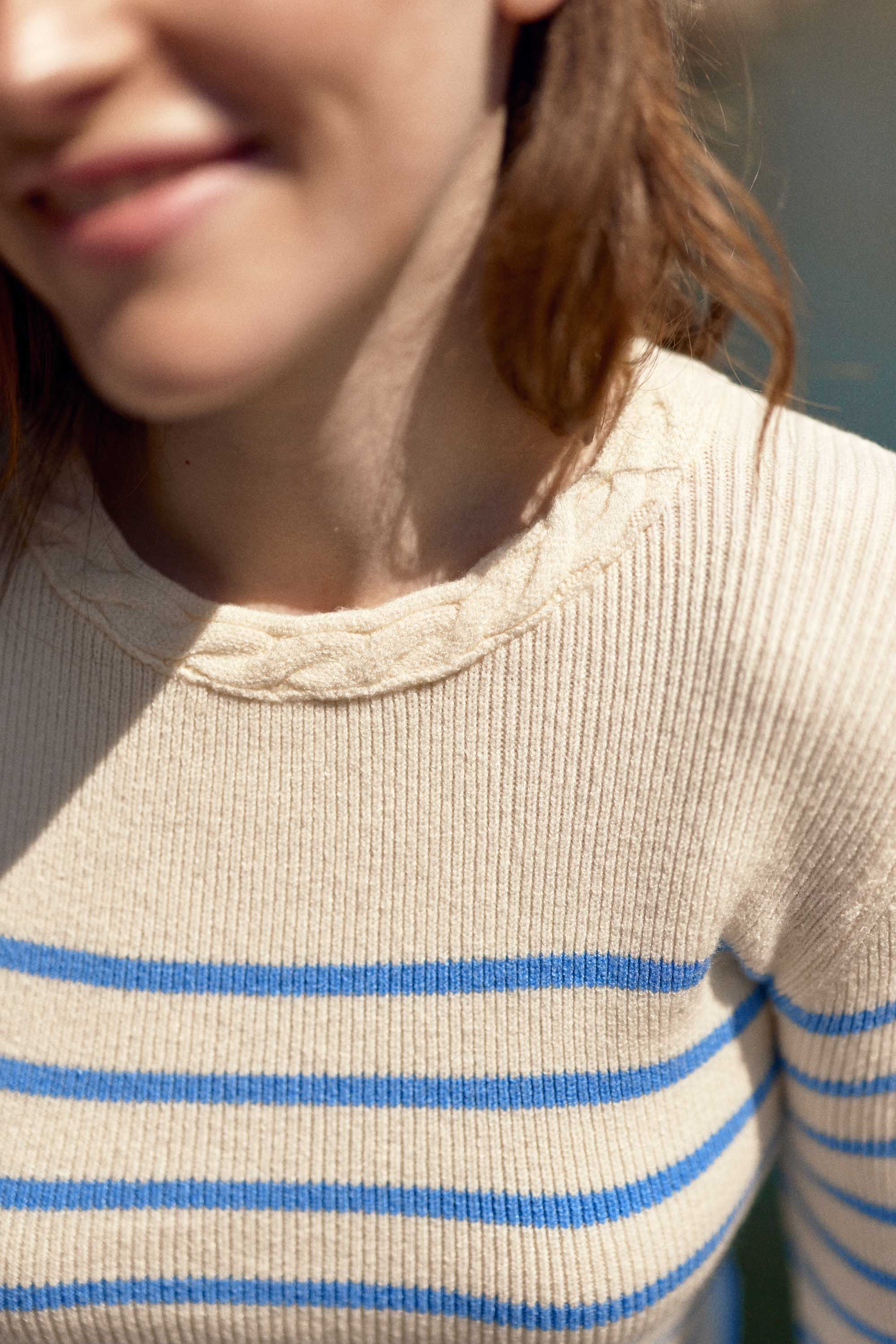 Long-sleeved ecru/sky blue striped sweater - Manel