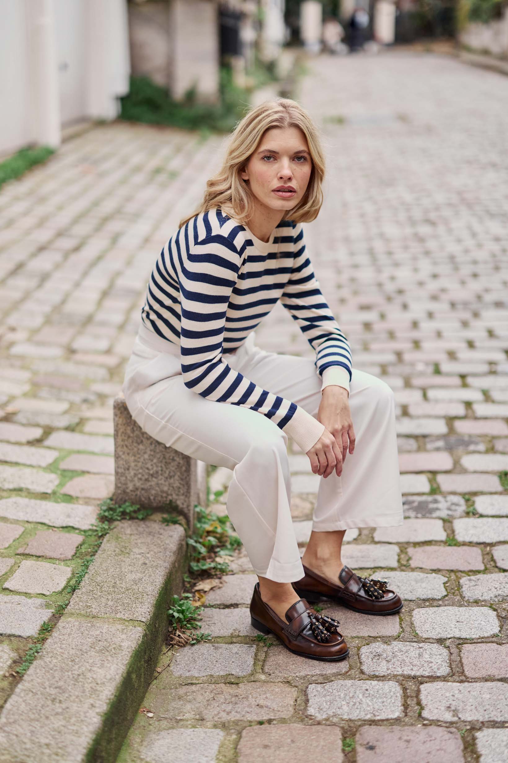 Beige/navy striped sweater - Melina