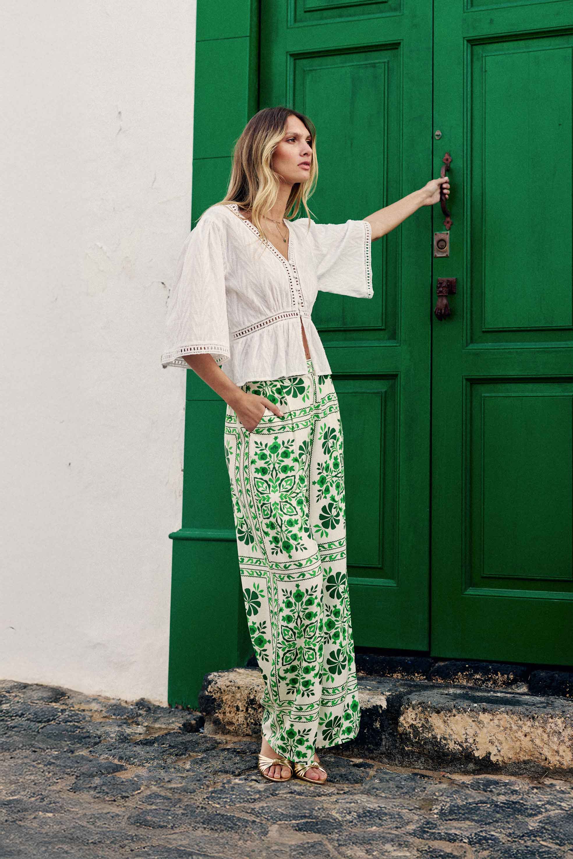Green printed flowing pants - Prisla
