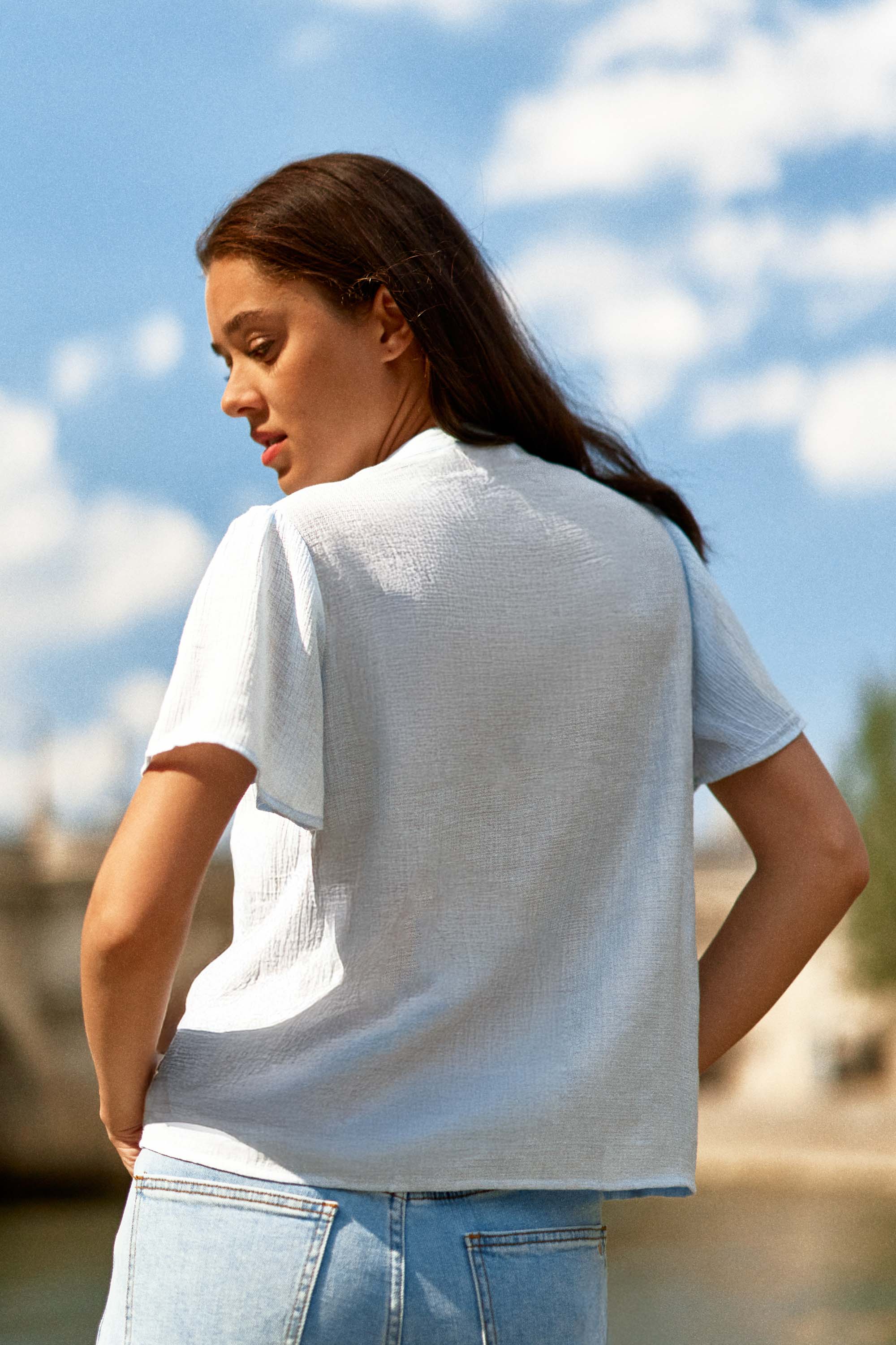 V-neck straight top ciel - Tacha