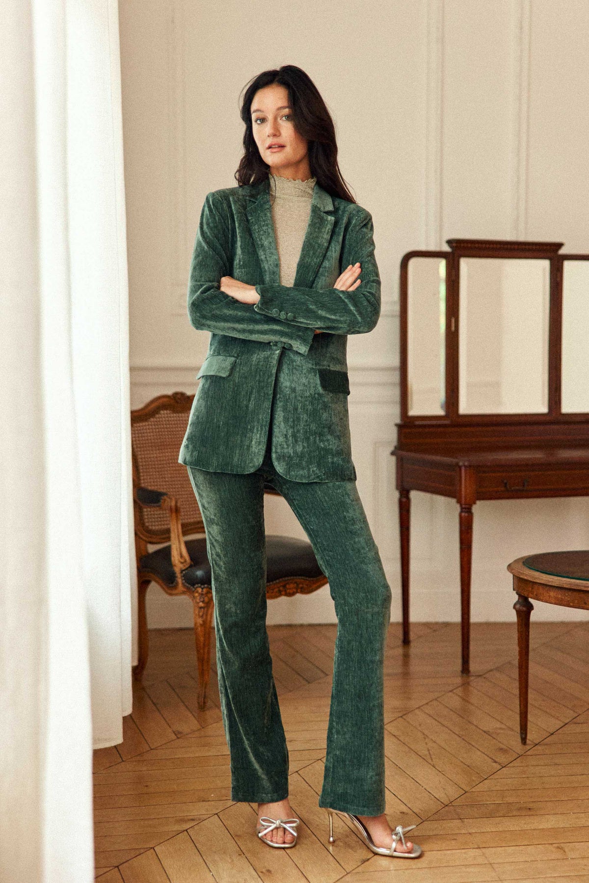 Veste Vintage En Velours Vert - Taille M, Style Blazer, Occasion En Très Bon état