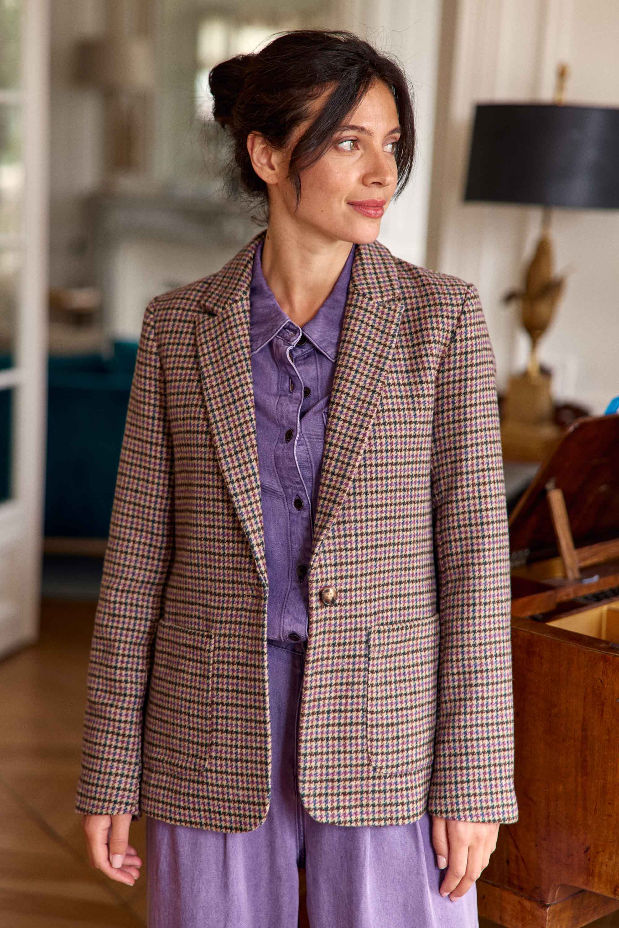 Veste Pied De Poule Femme Taille 38 - Blazer Long Motif Multicouleur
