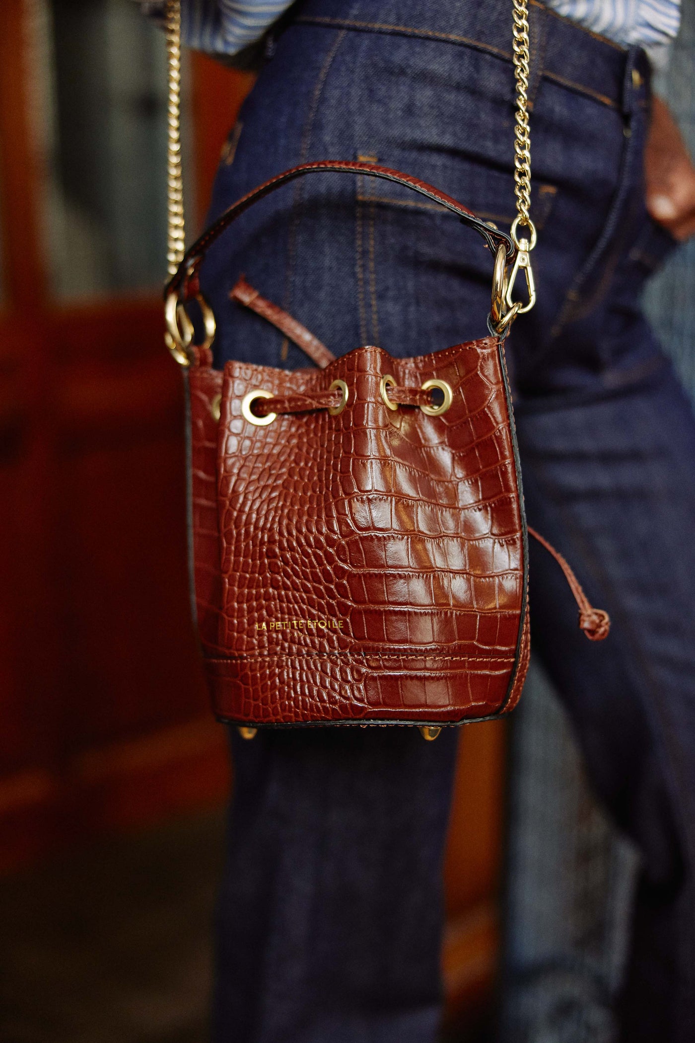 Camel crocodile-effect leather bag - Aimmy