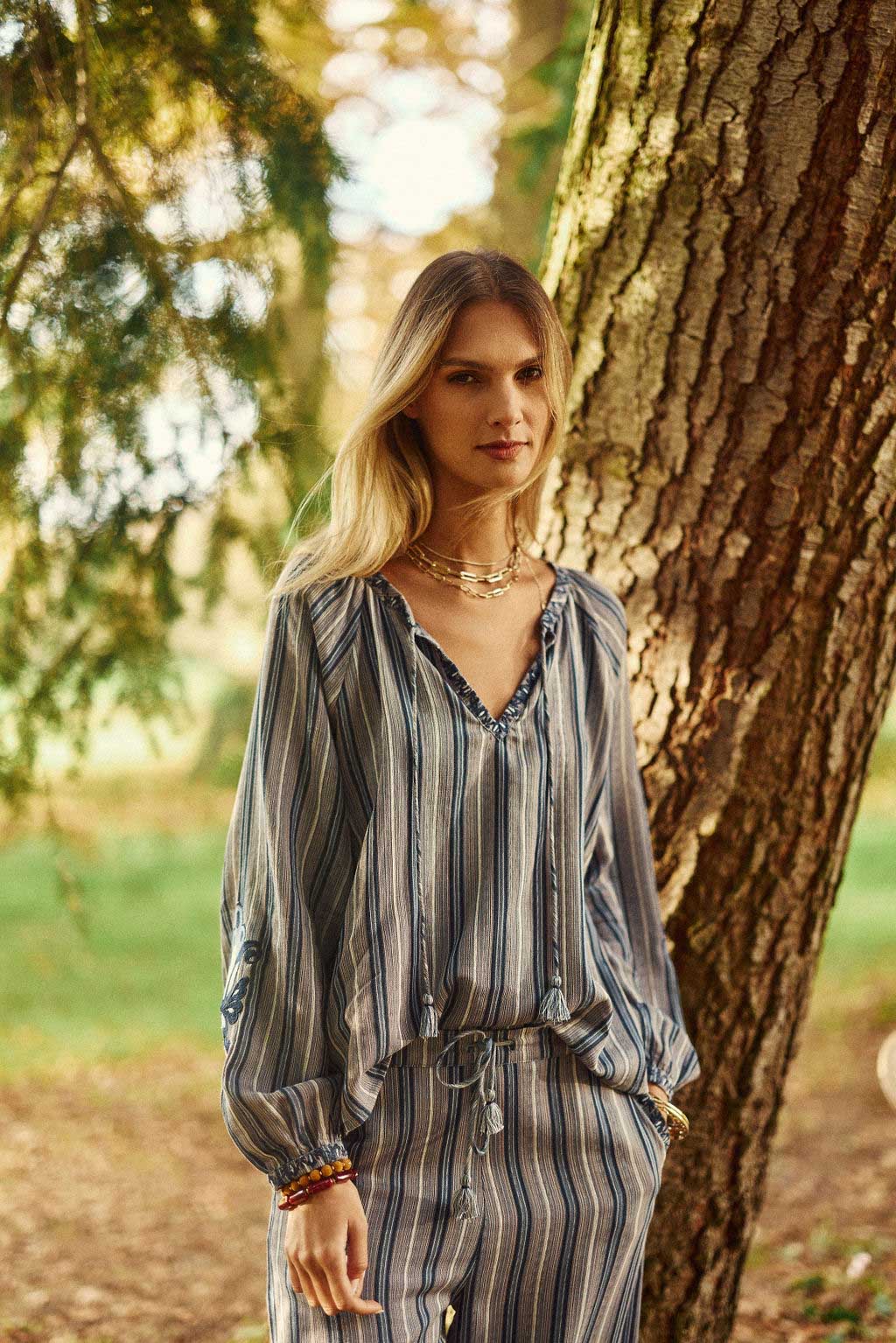 Blue striped V-neck blouse - Bahati