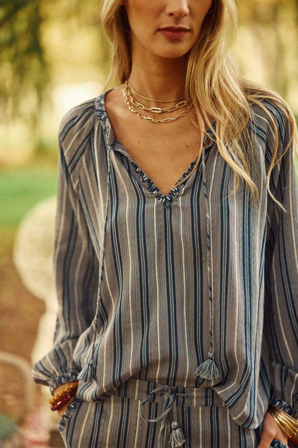 Blue striped V-neck blouse - Bahati
