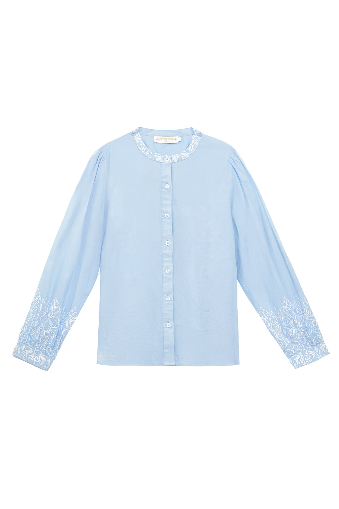 Straight blouse with sky blue embroidered details - Bloy