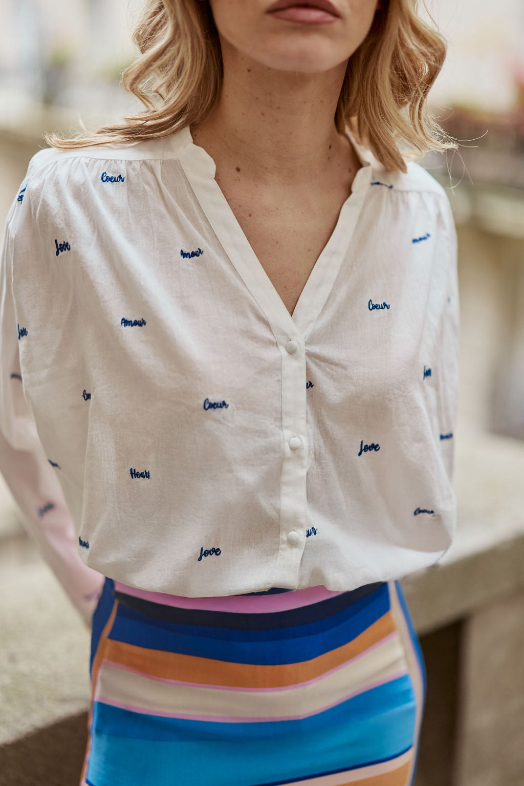 Loose-fitting ecru/blue blouse - Bolia