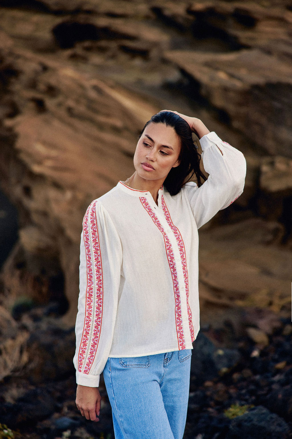 Blouse avec broderie blanc/orange - Brielle