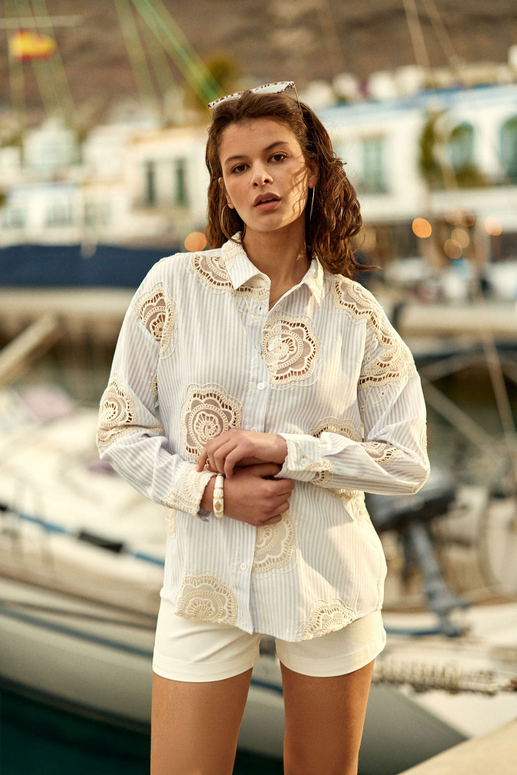 White/blue striped blouse with openwork details - Chania