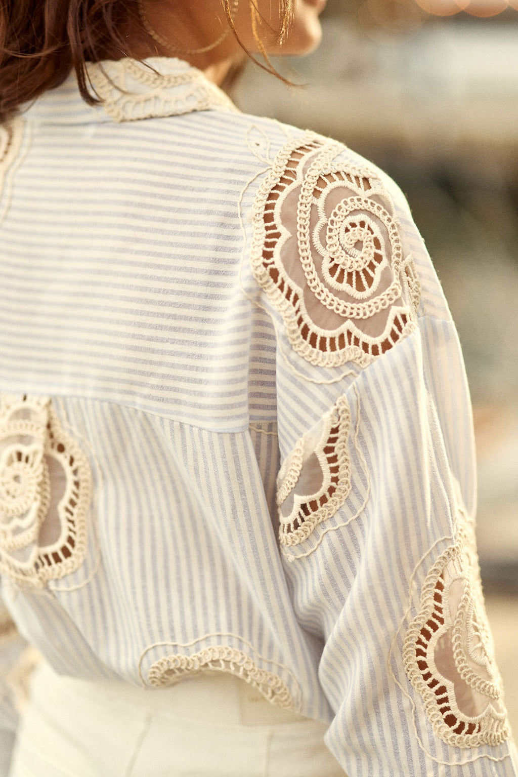 White/blue striped blouse with openwork details - Chania