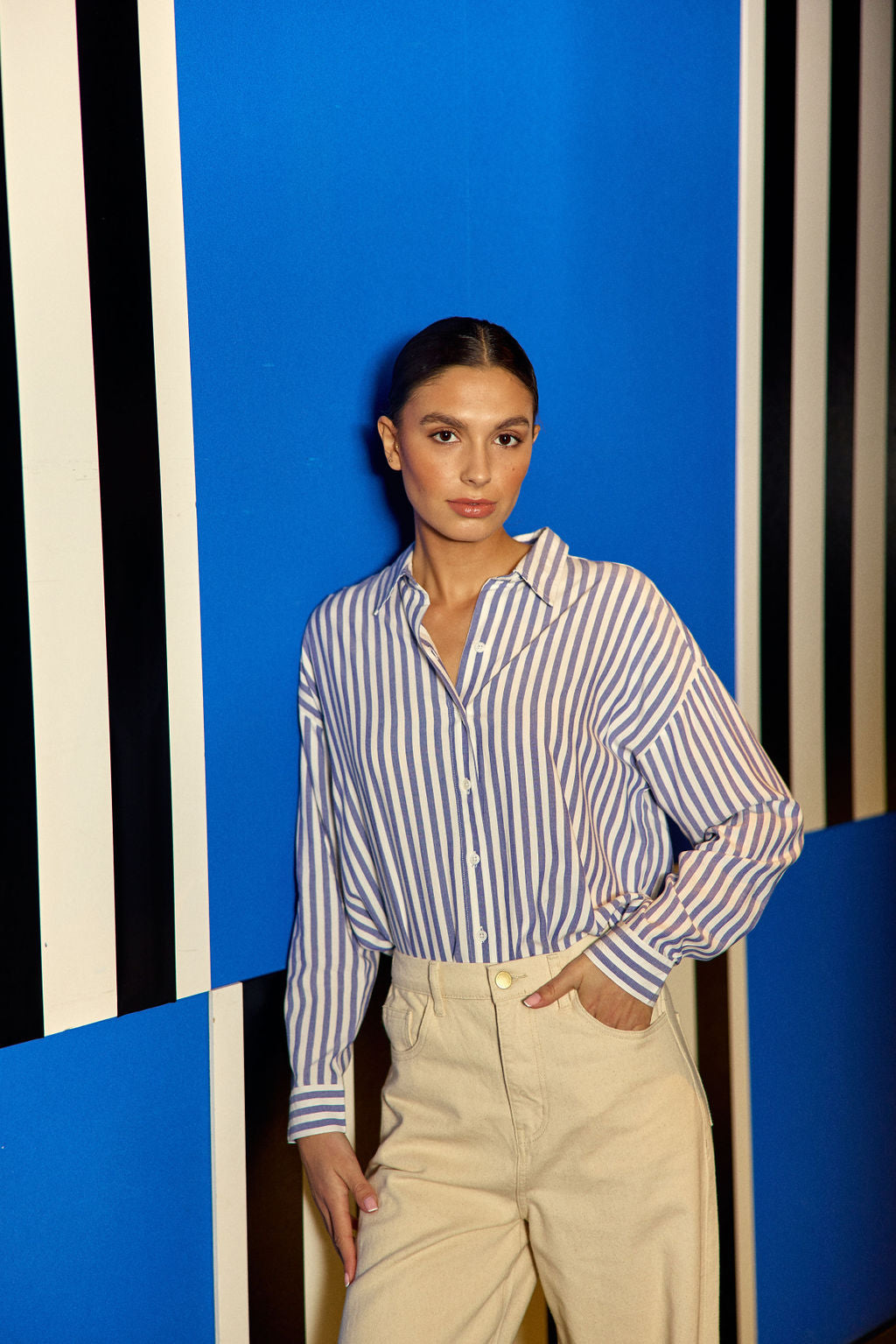 Navy/ecru striped blouse - Clara