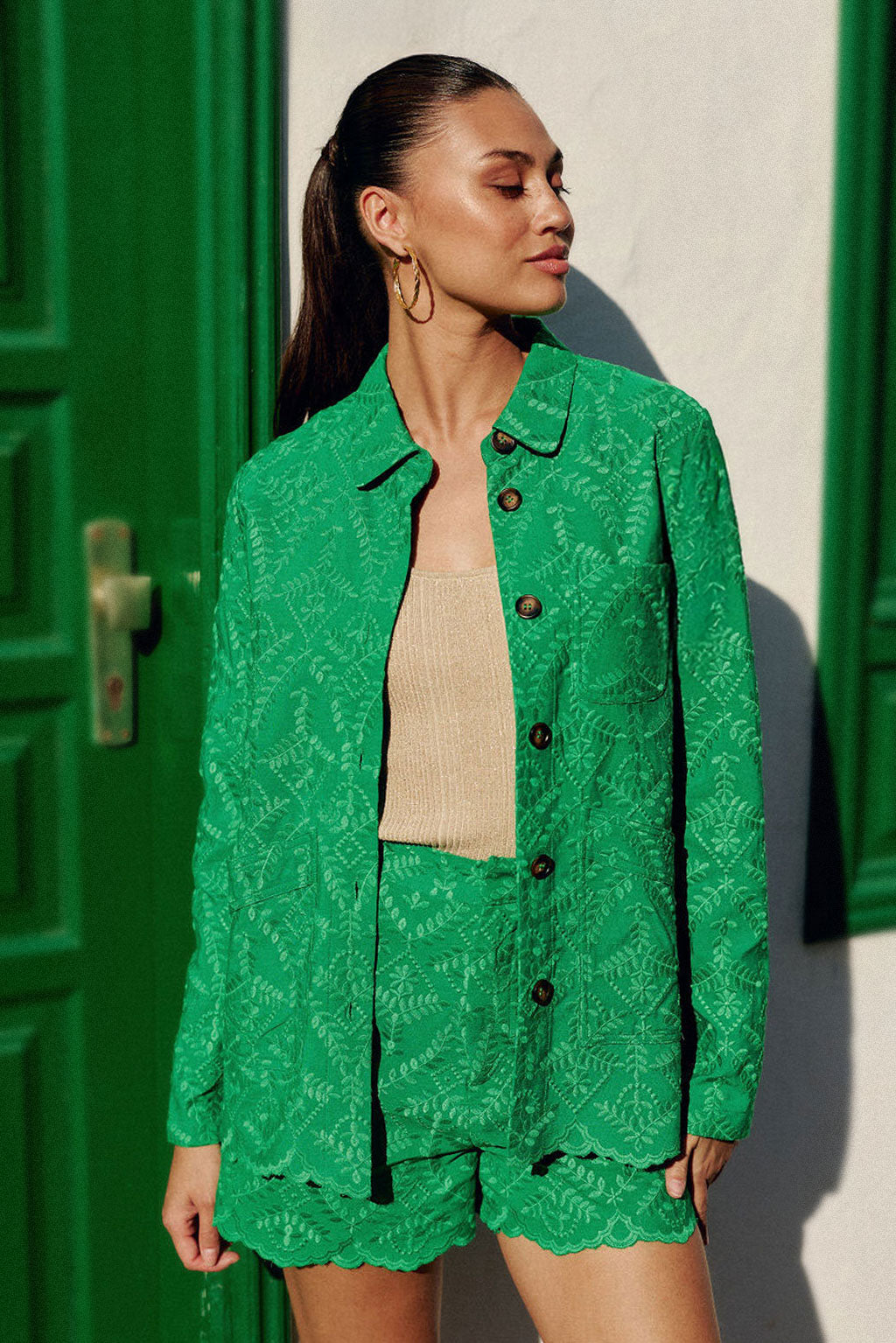Straight jacket with green embroidered pattern - Fauline