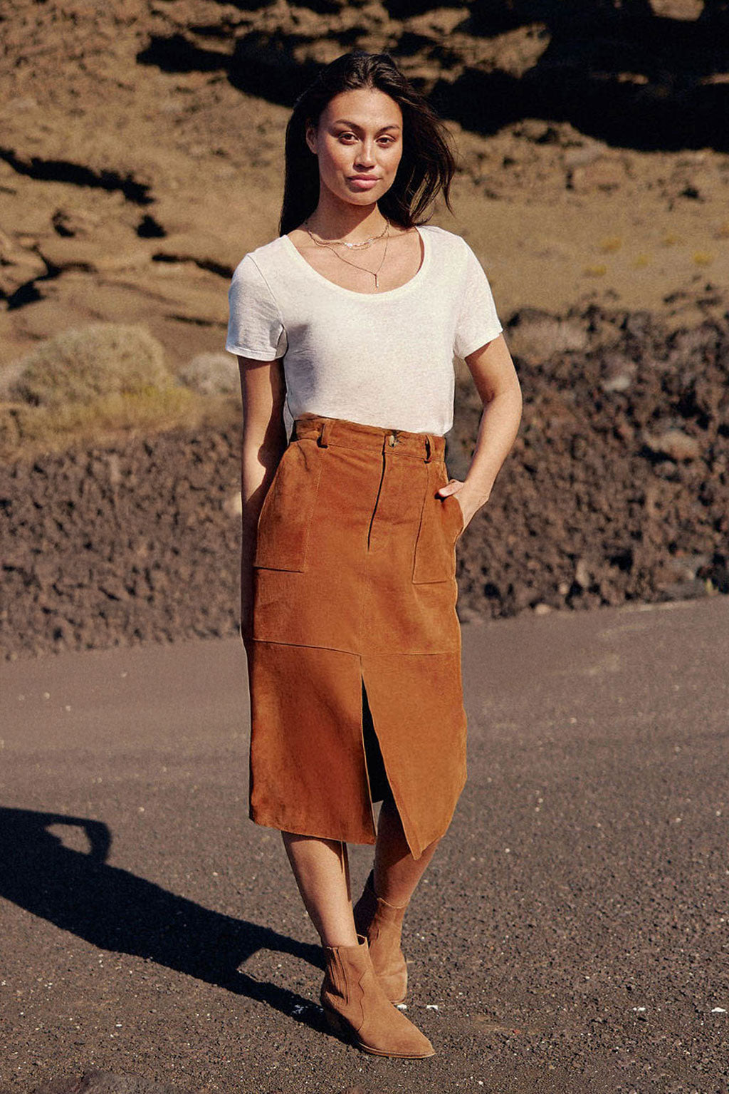 Camel leather midi skirt - Felicia