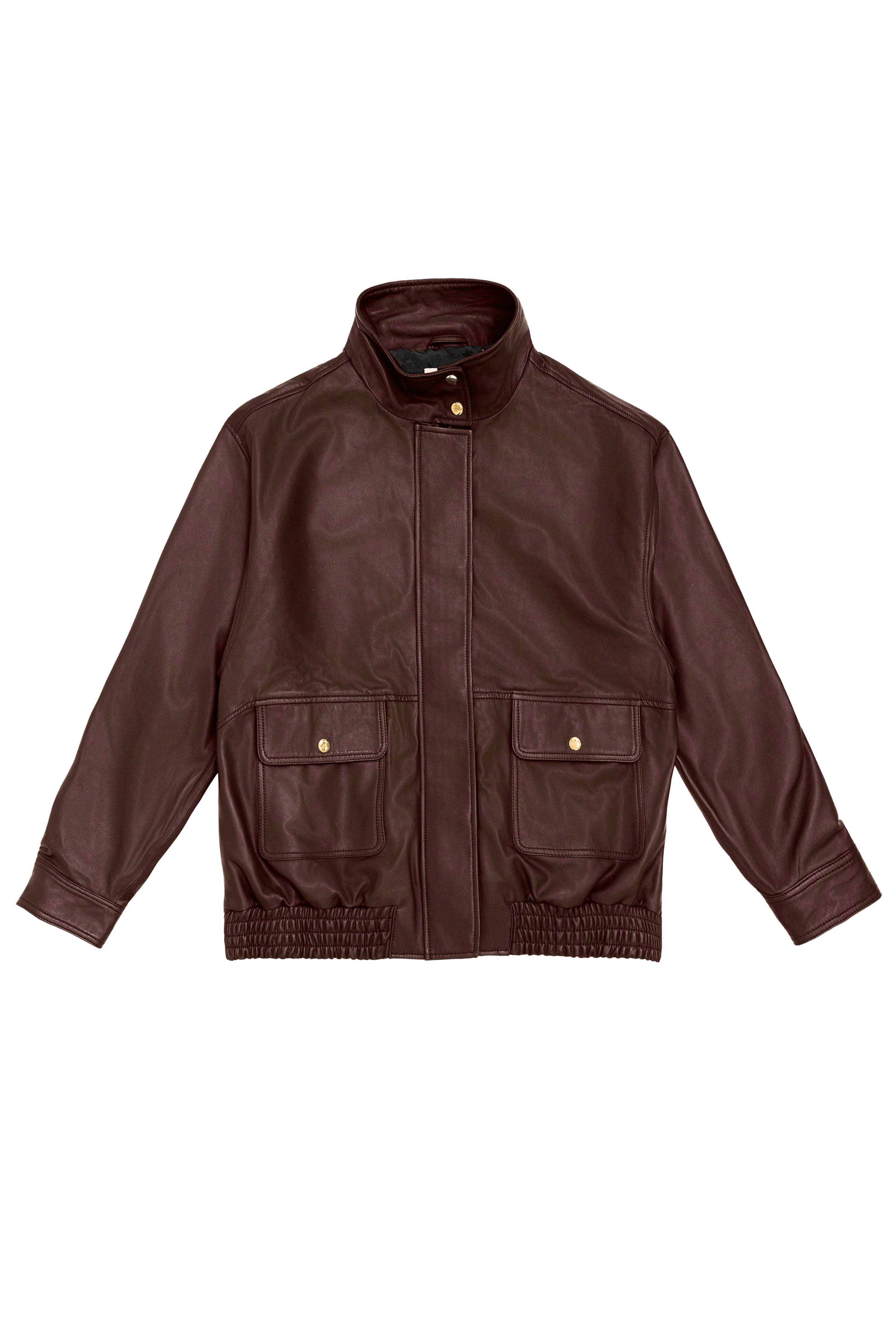 Veste en cuir oversize col montant marron – Floy