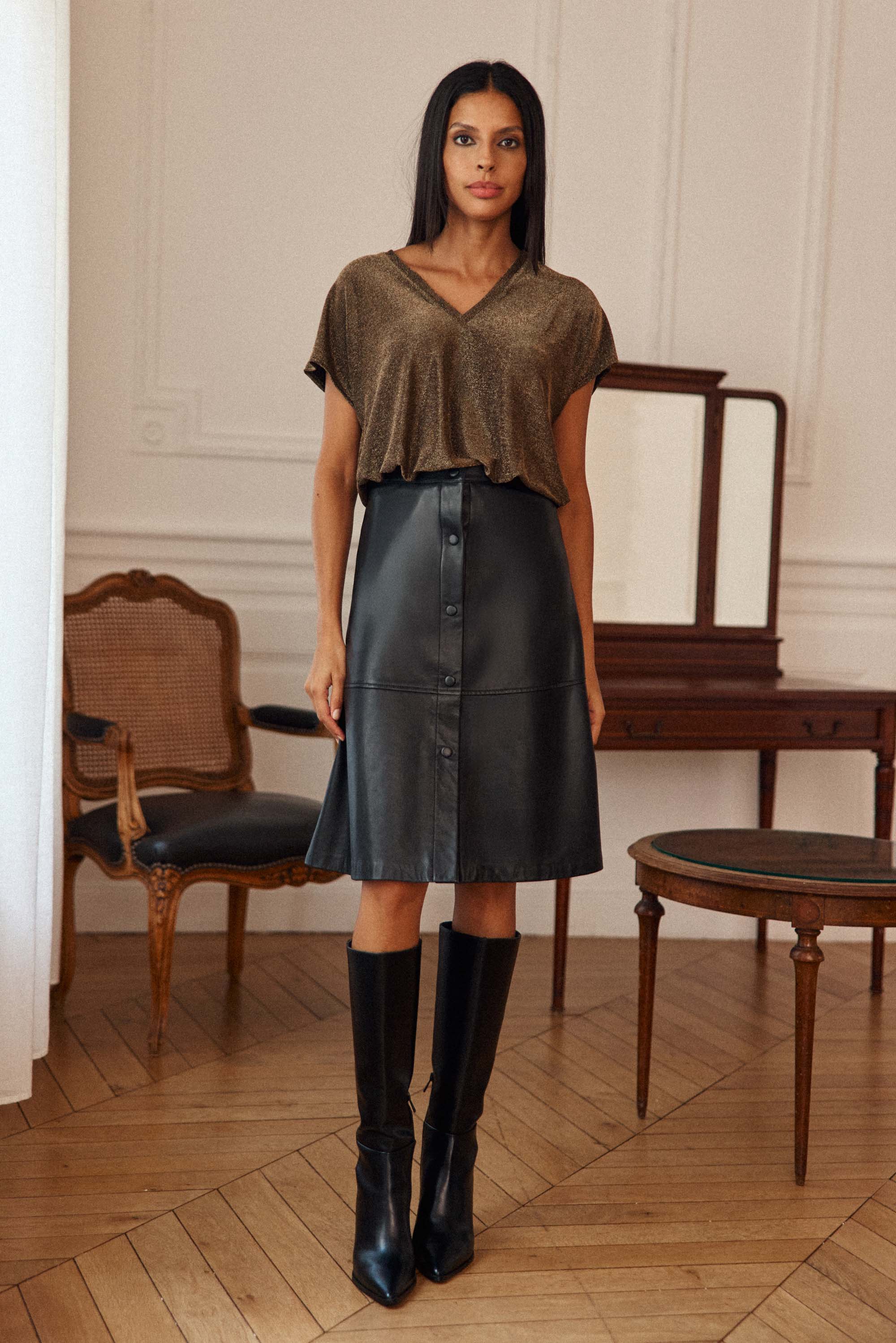 Jupe midi évasée en cuir noir - Jolene | LA PETITE ÉTOILE Paris