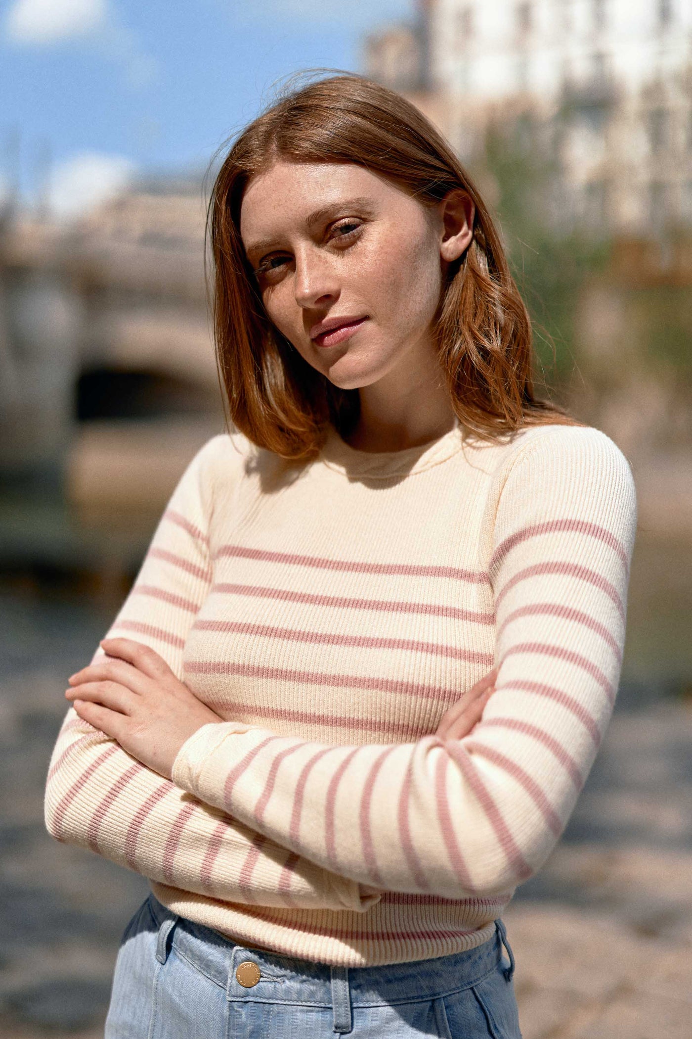 Long-sleeved ecru/pink striped sweater - Manel