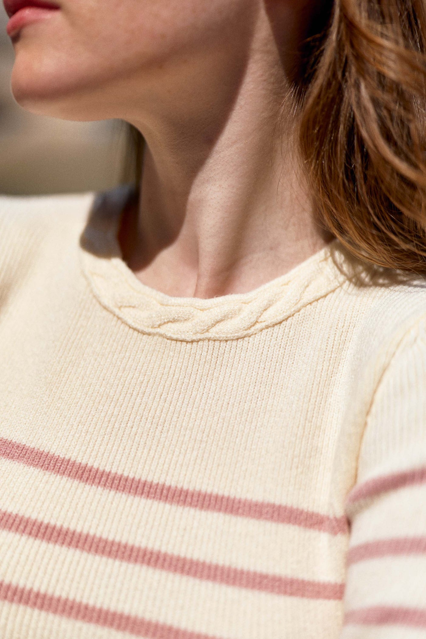 Long-sleeved ecru/pink striped sweater - Manel