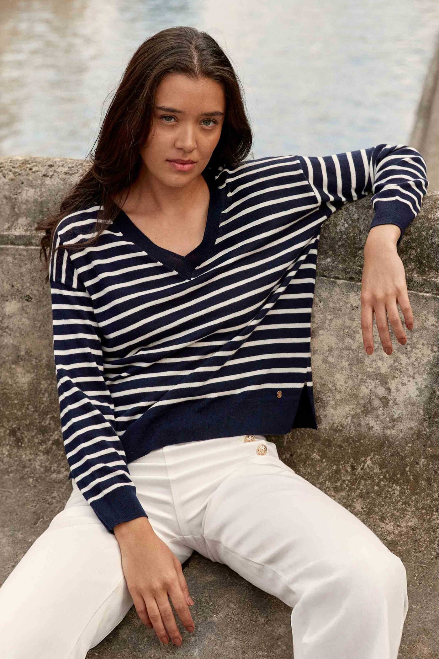 Pull rayé manches longues marine/écru - Melyo