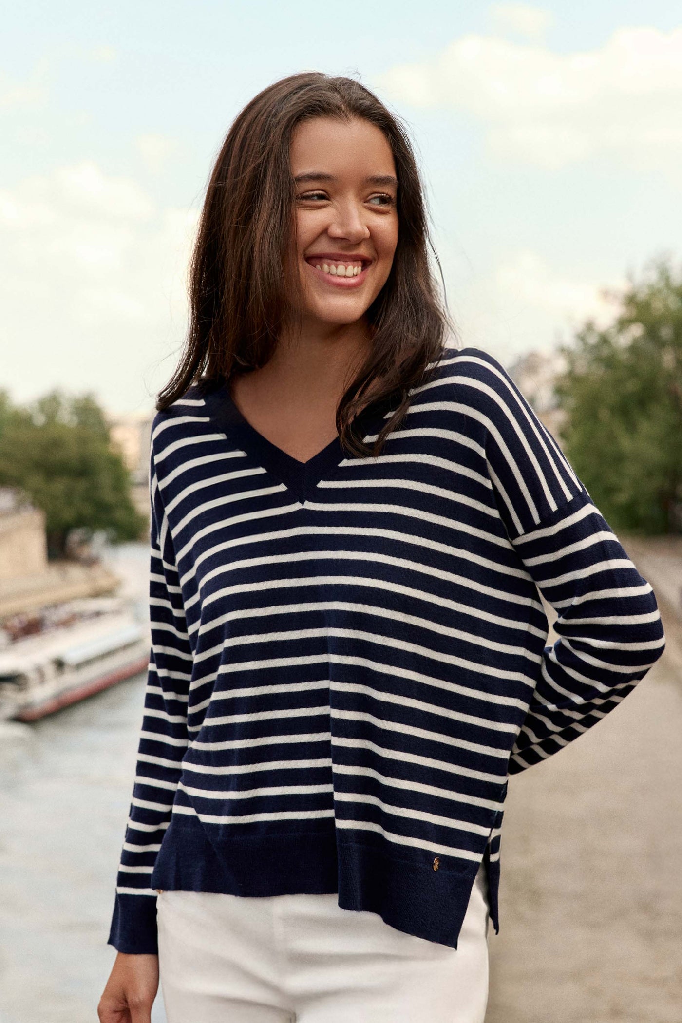 Pull rayé manches longues marine/écru - Melyo