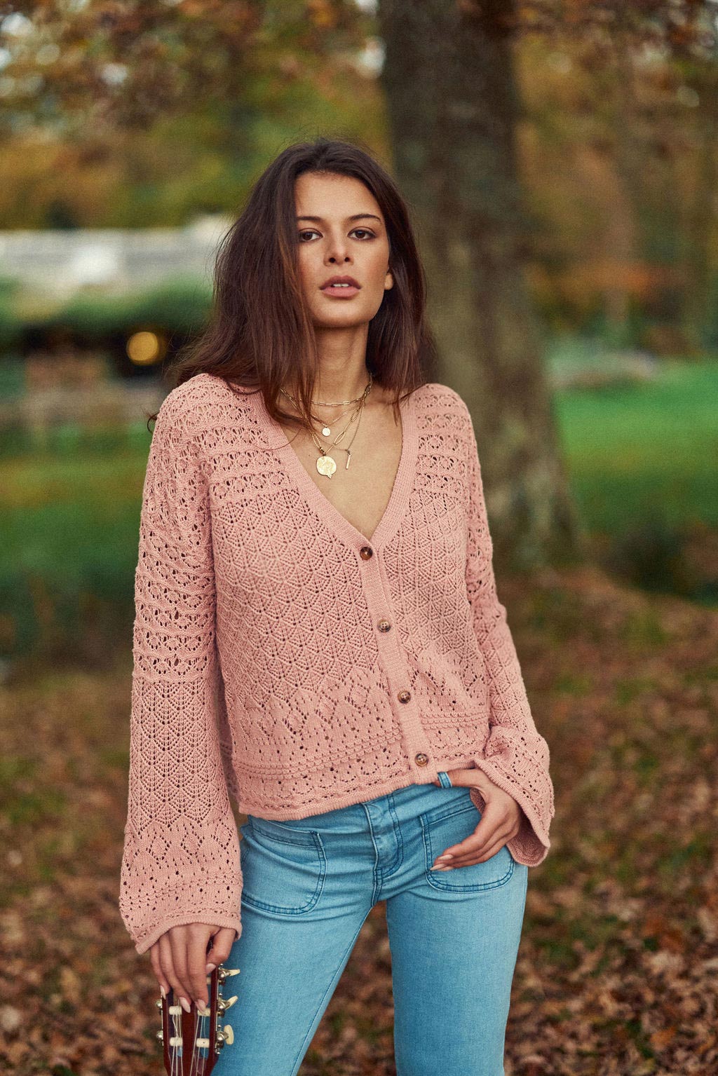 Gilet col V rose poudrée - Mia