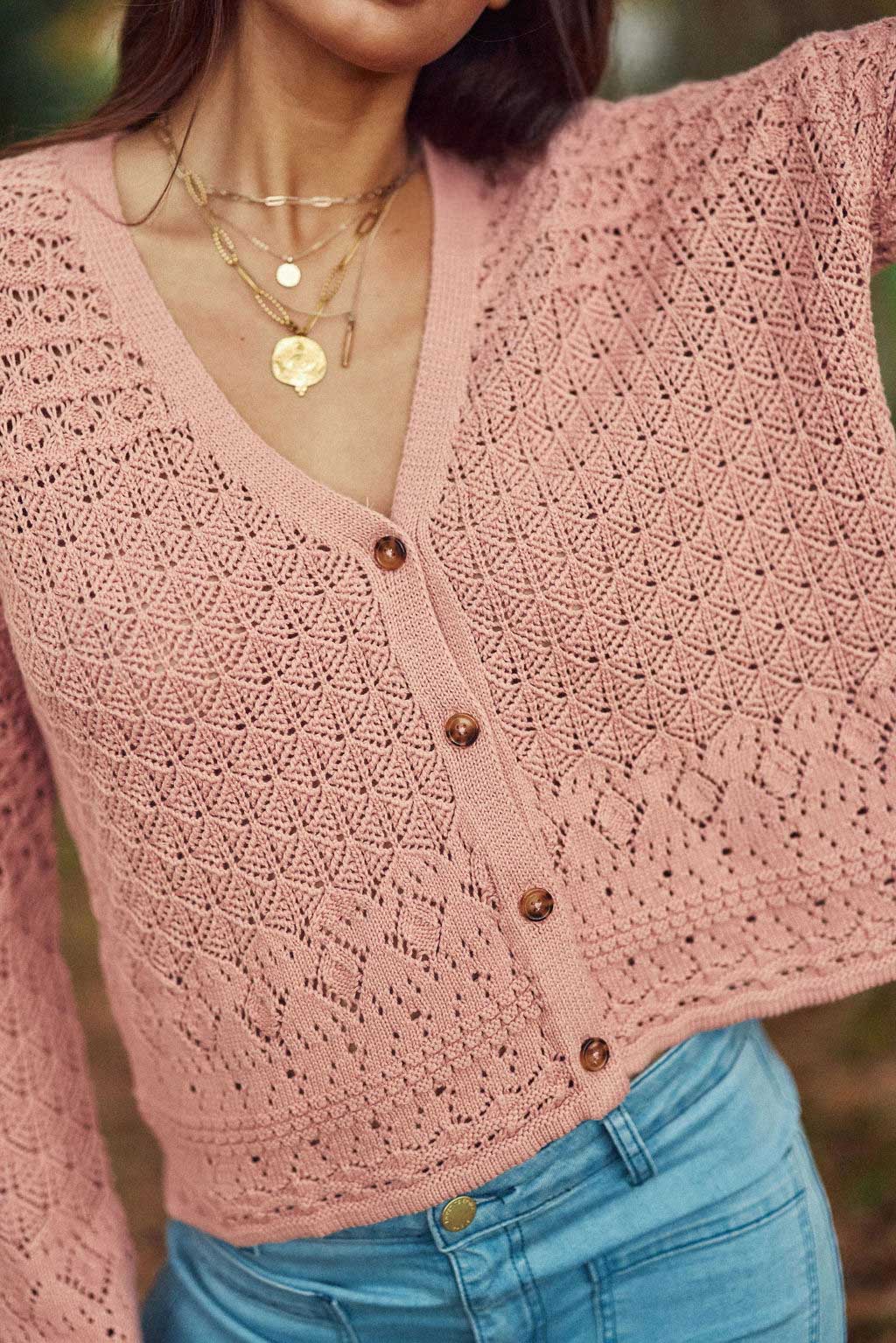 Gilet col V rose poudrée - Mia