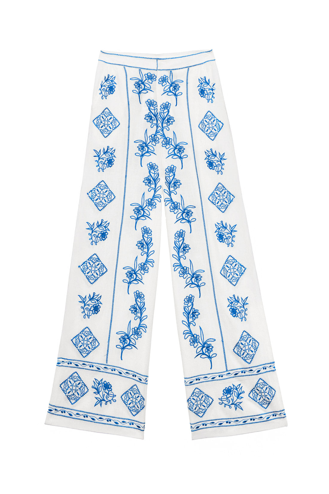 White/Blue Embroidered High-Waisted Pants - Philea