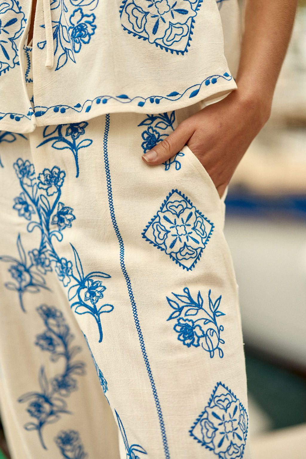 White/Blue Embroidered High-Waisted Pants - Philea