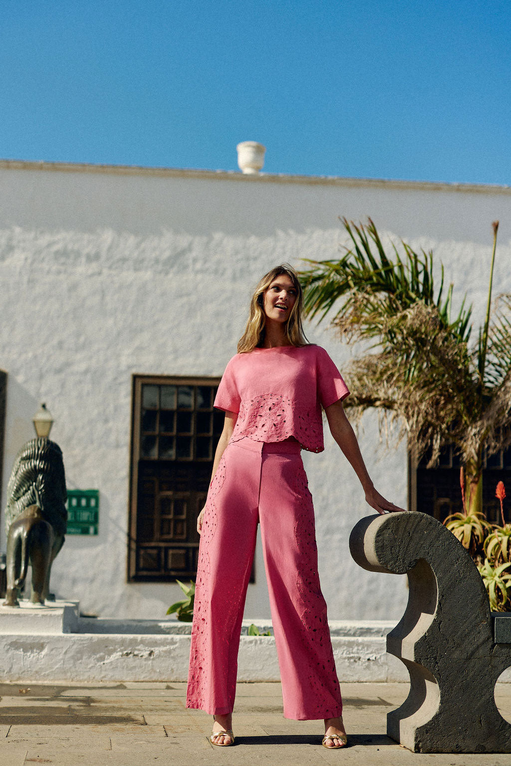 Pantalon droit ajouré rose - Philena