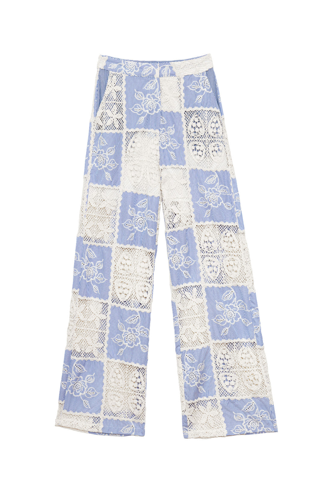 Pantalon patchwork taille haute bleu/blanc - Posie