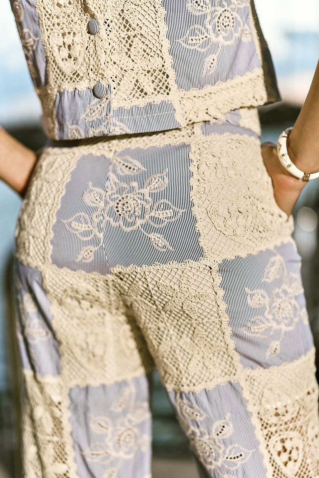 Pantalon patchwork taille haute bleu/blanc - Posie