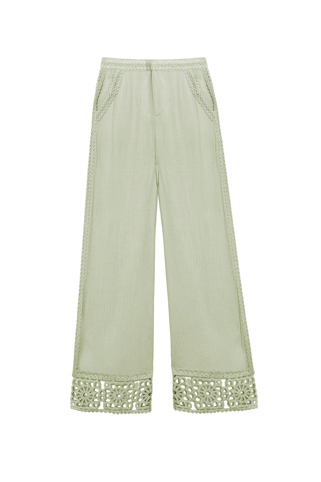 Straight pants with almond green crochet details - Priella