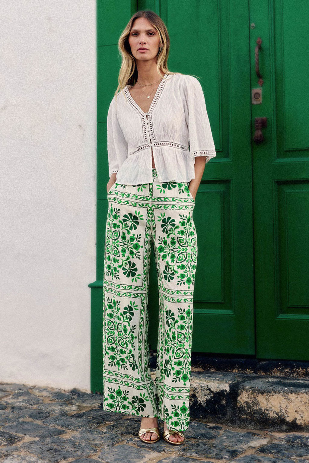 Green printed flowing pants - Prisla