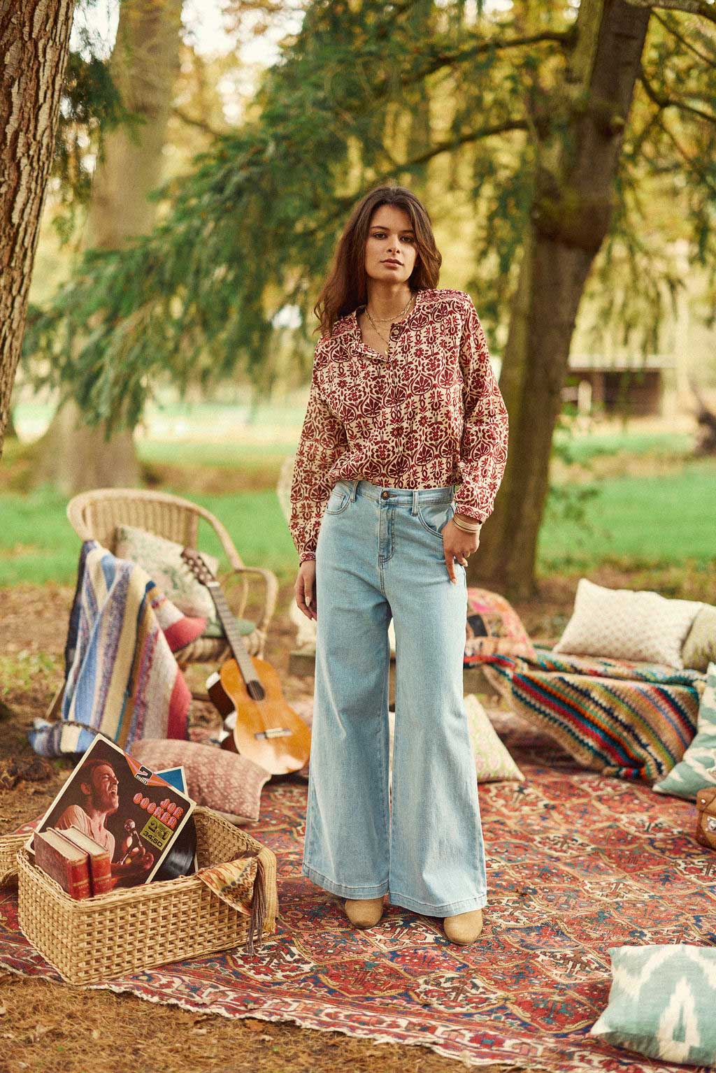 Stonewashed wide leg jeans - Prune