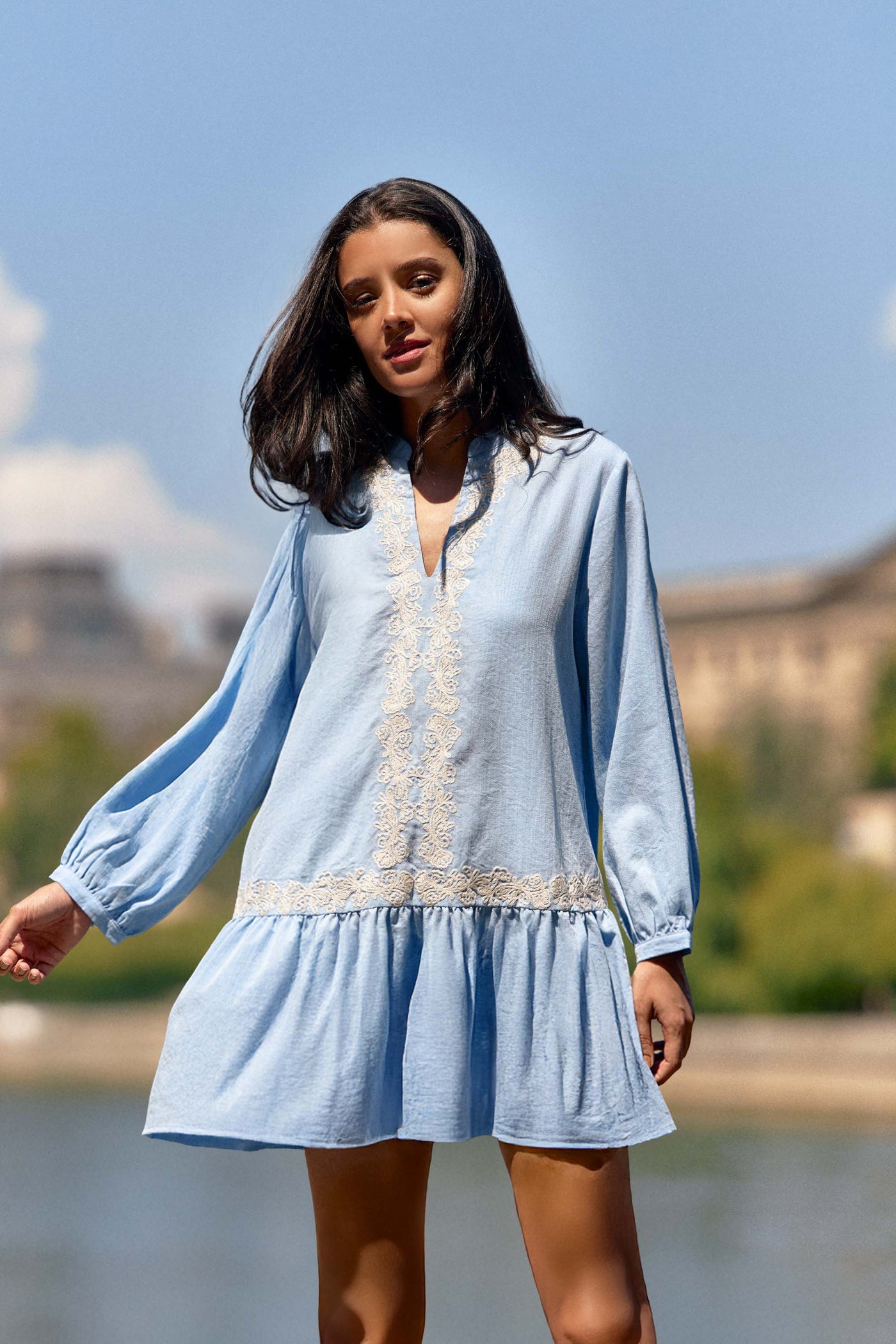 Robe courte évasée bleue ciel - Riman
