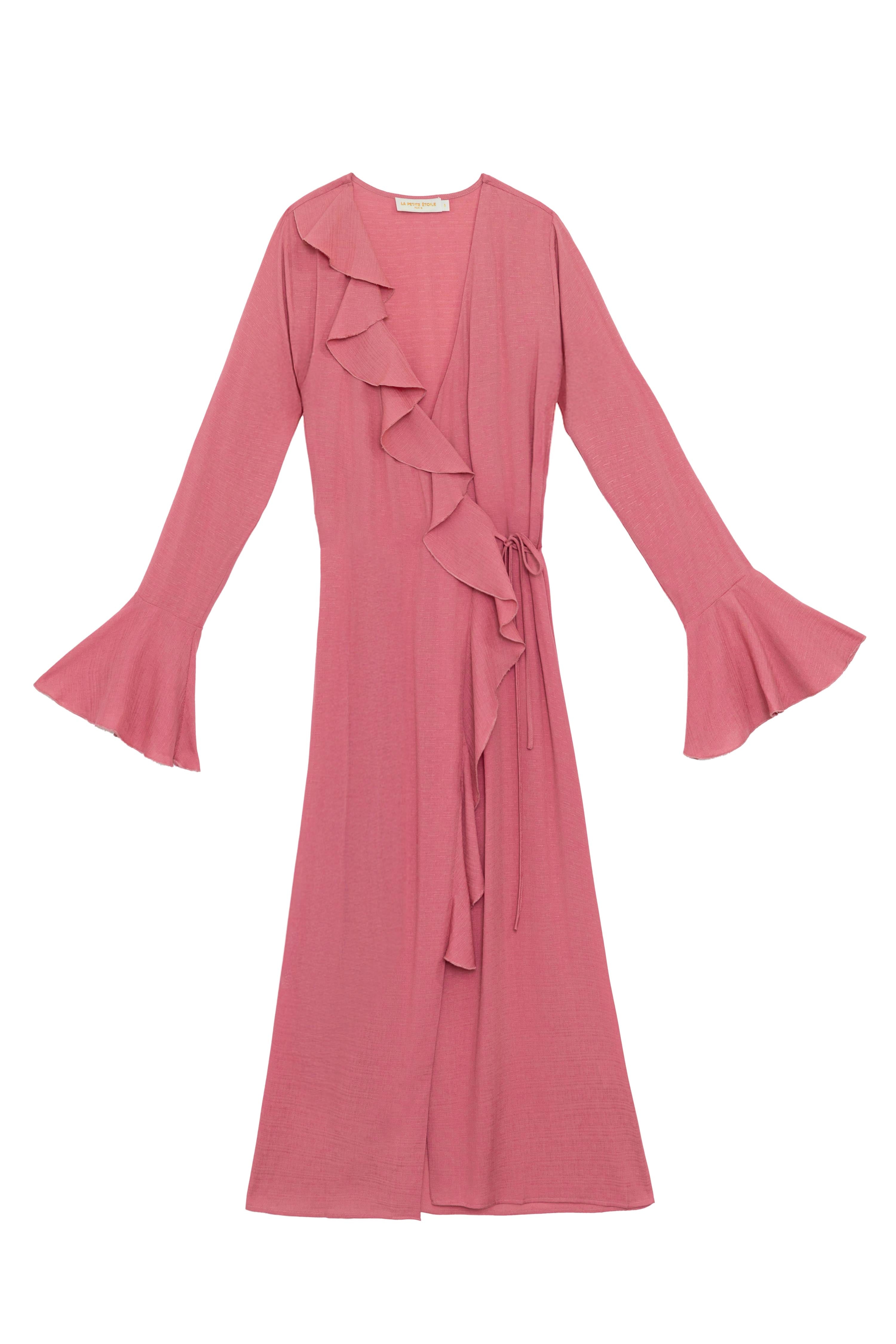 Robe midi portefeuille à volants rose – Rosae