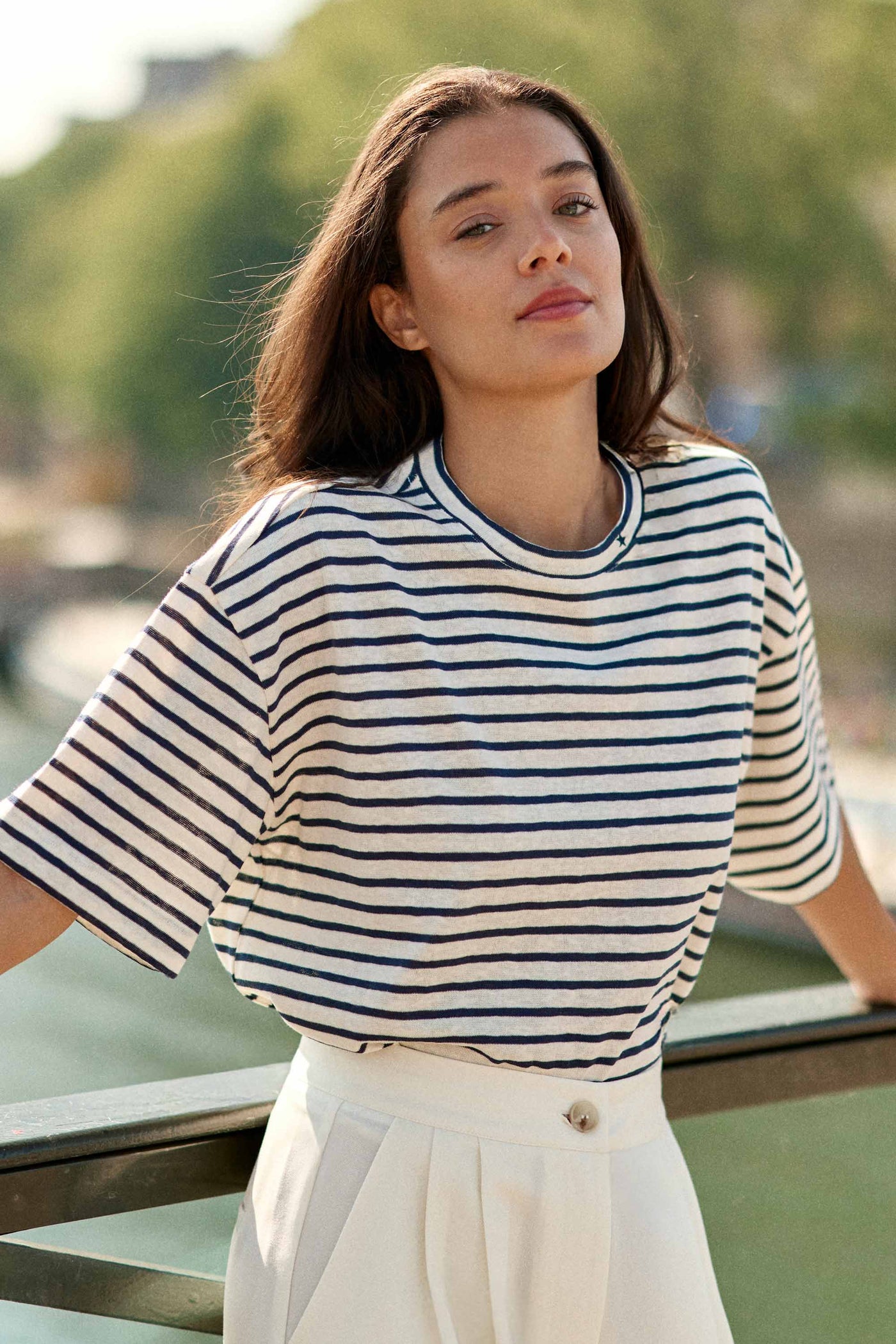 Sweat-shirt manches courtes écru/marine - Tais