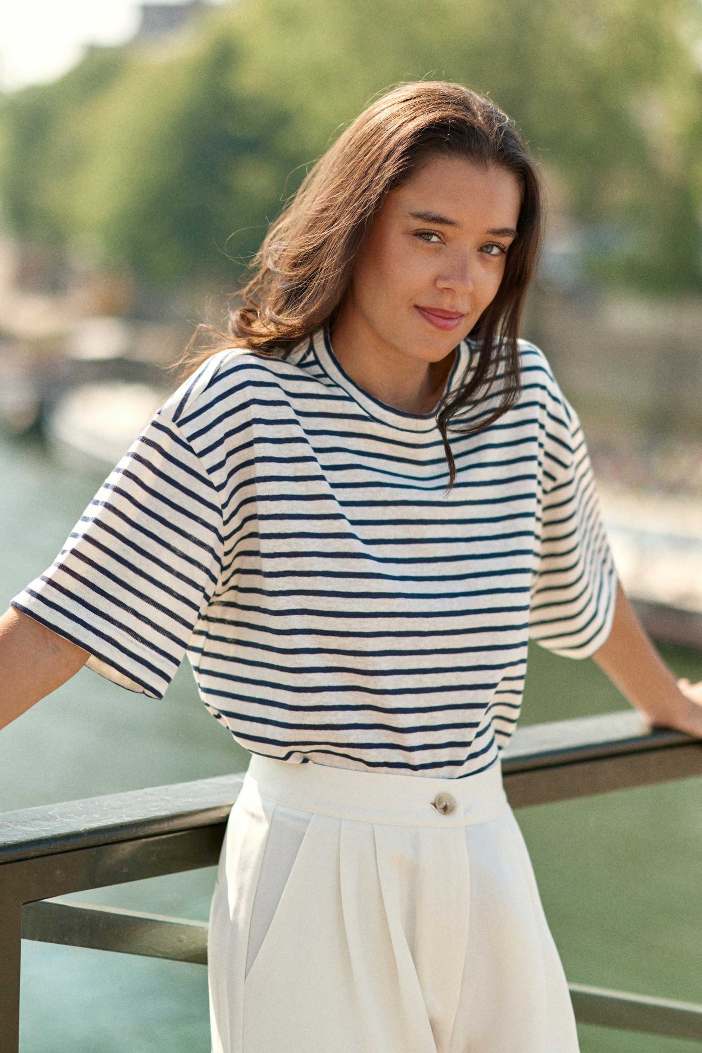 Sweat-shirt manches courtes écru/marine - Tais