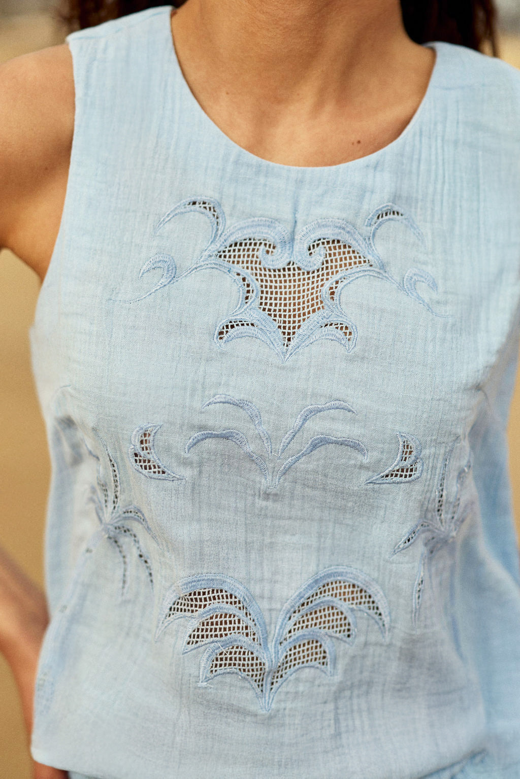 Sky blue embroidered sleeveless top - Tammy