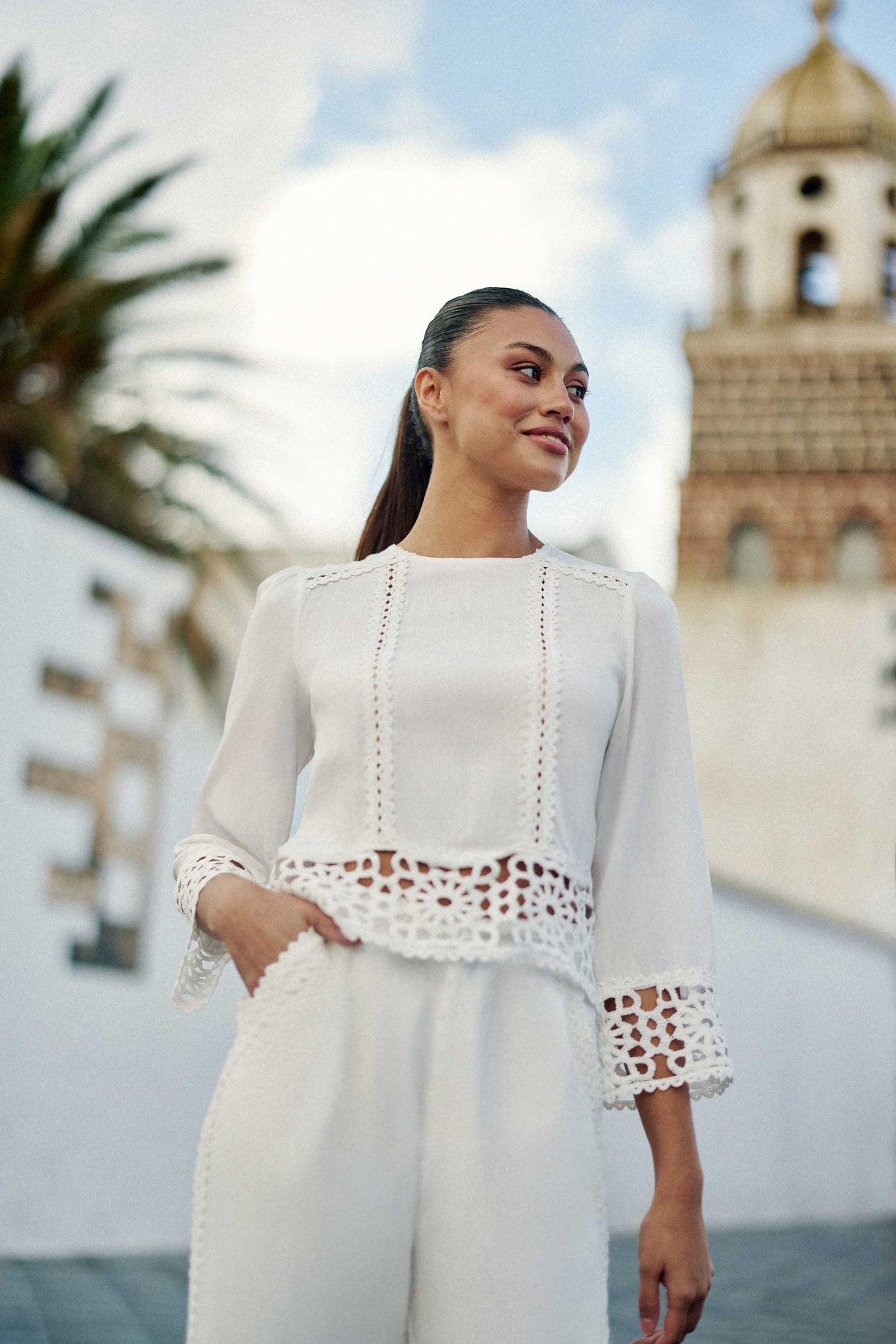 White crochet straight blouse - Tevy