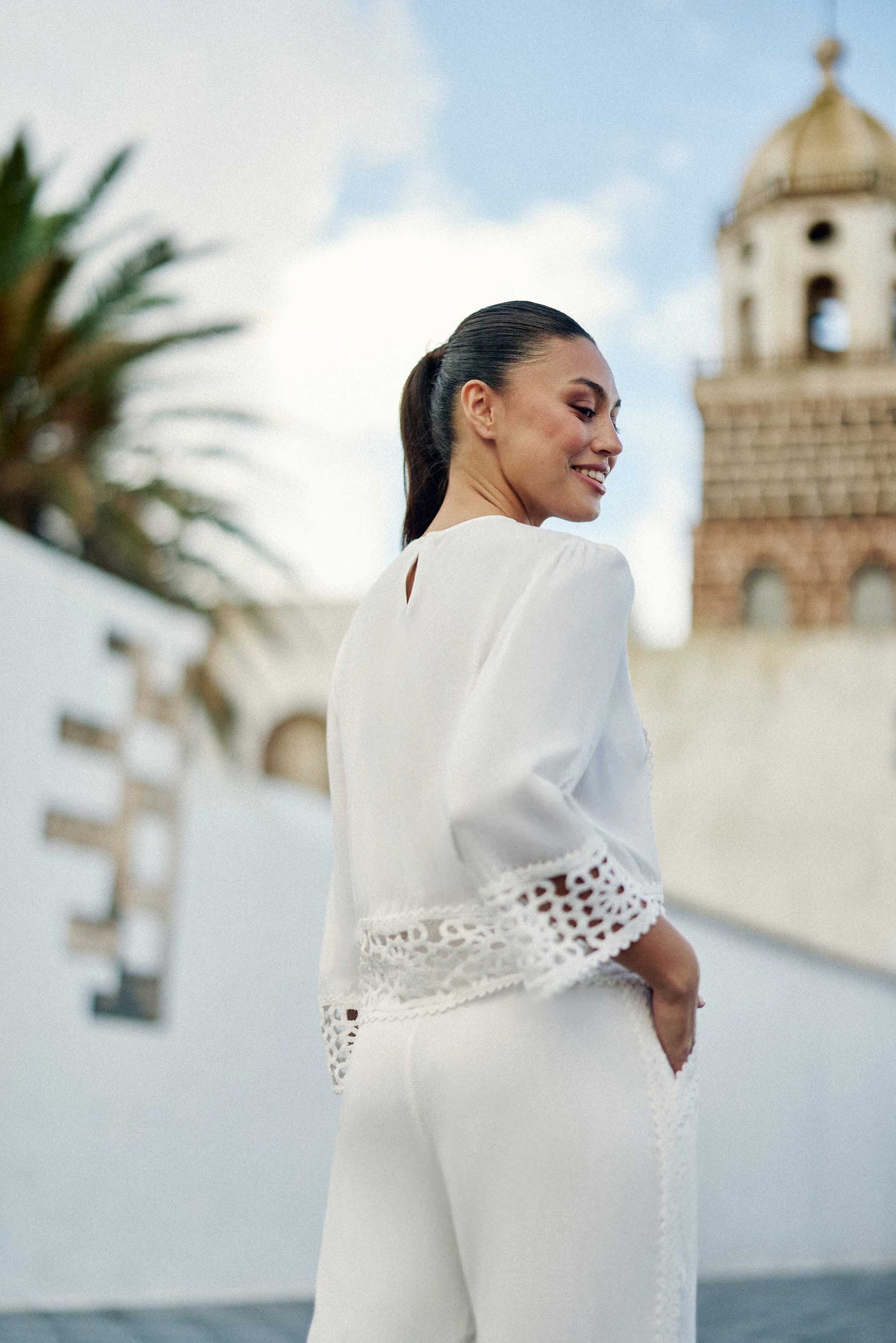White crochet straight blouse - Tevy
