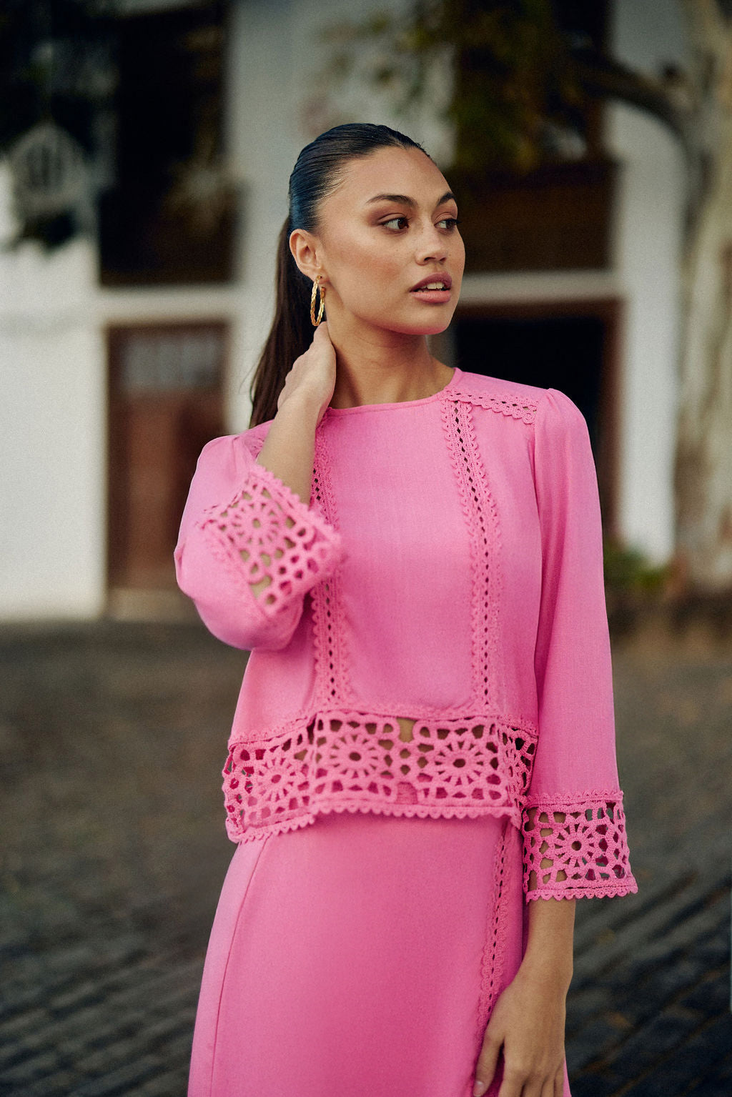 Pink crochet straight blouse - Tevy