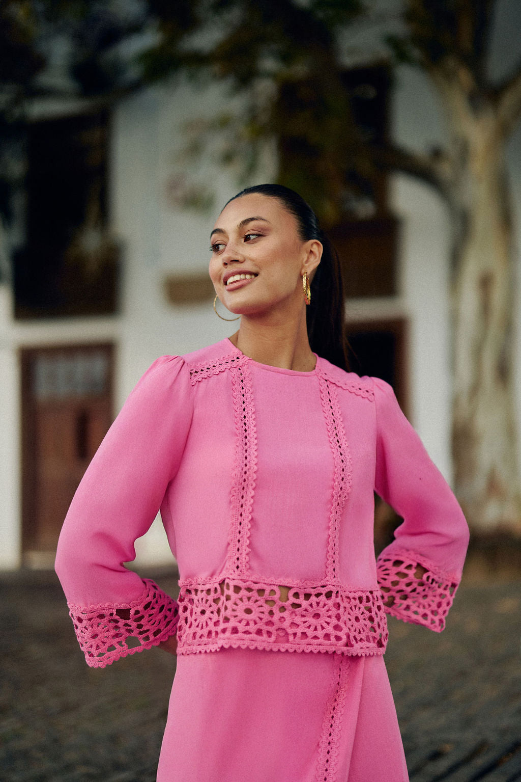 Pink crochet straight blouse - Tevy